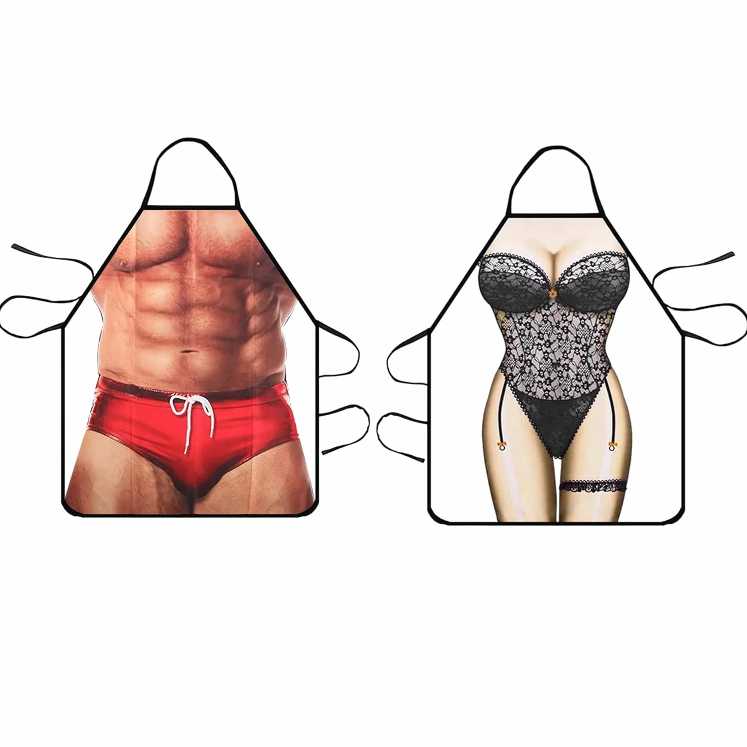 2 szt. Zabawny fartuch kuchenny dla kobiet i mężczyzn, seksowny fartuch kucharski, spersonalizowany 3D, mięśniowy mężczyzna, bikini dla kobiet, fartuch imprezowy dla mężczyzn, zabawny, 80 x 60