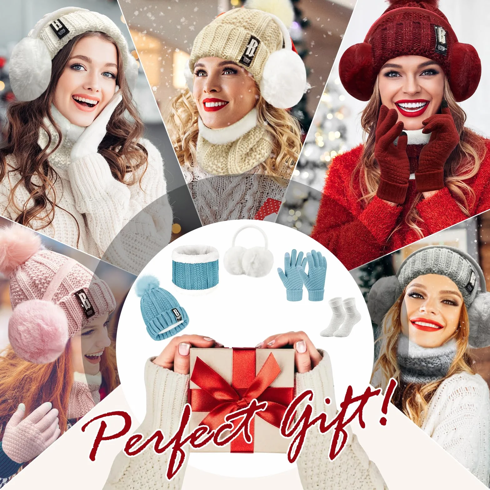 Tuopuda Zestaw czapki z dzianiny i szalika, zestaw 5 szt., zimowe pluszowe ocieplacze uszu, ciepły dzianinowy szalik, czapka beanie i rękawiczki do ekranu dotykowego, zestaw damskich skarpet