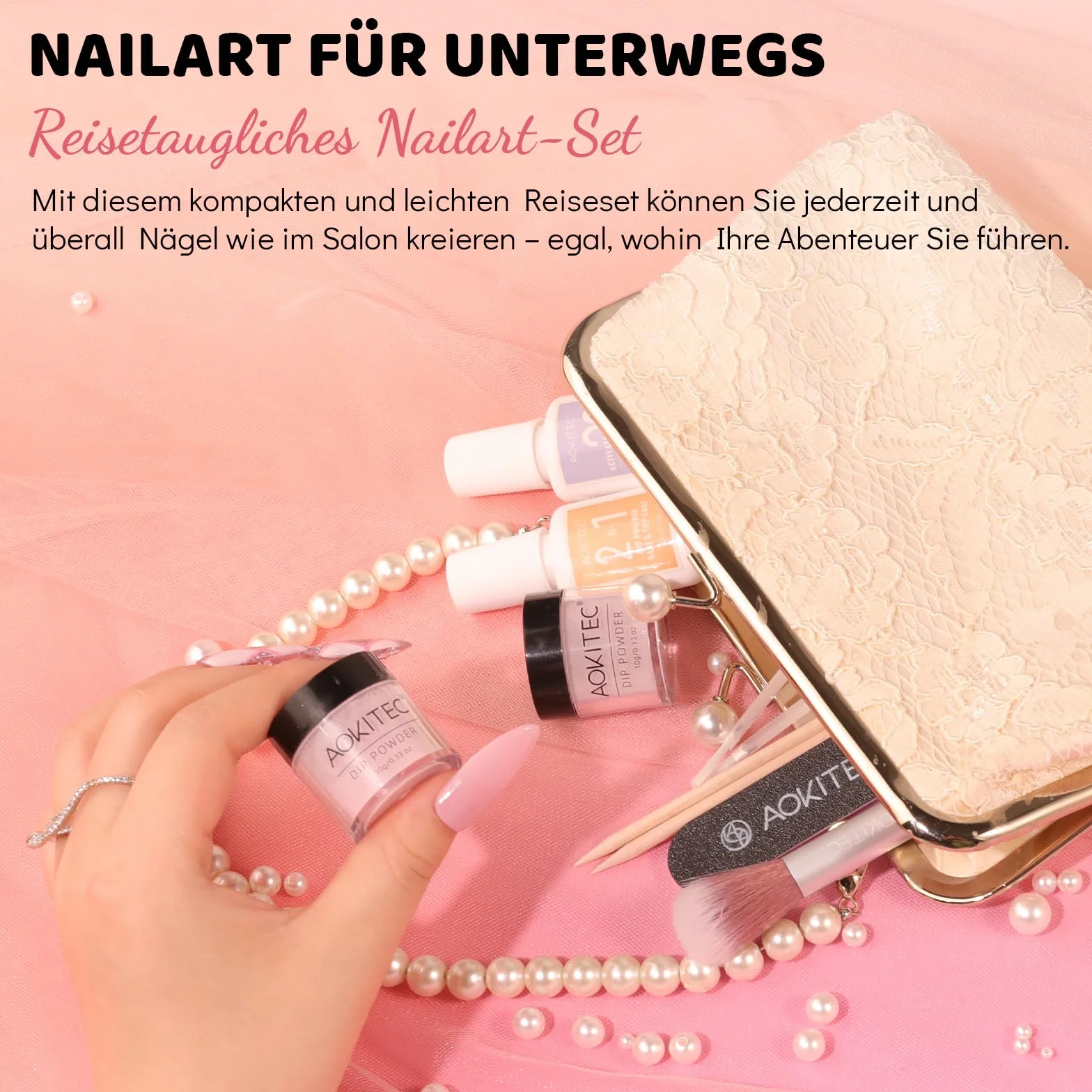 Aokitec Dipping Powder Nail Set – Różowy Błyszczący Proszek do Dipów z Bazą, Zestaw do Paznokci DIY