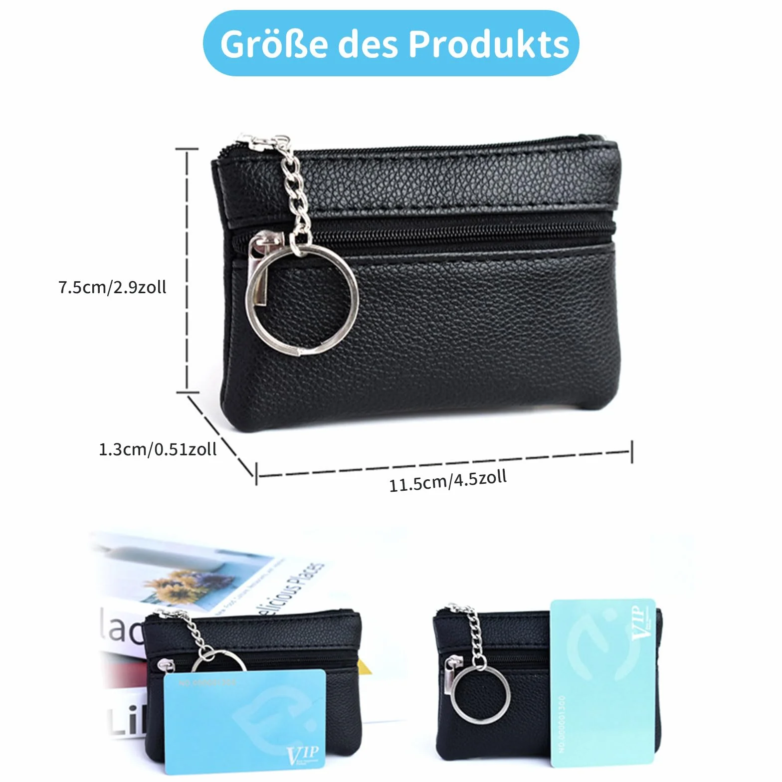 Dreamil Etui na klucze z prawdziwej skóry z 2 oddzielnymi przegrodami Mini-etui na klucze 11,5 x 7,5 x 1 cm Etui na klucze dla kobiet, mężczyzn, unisex, czarne