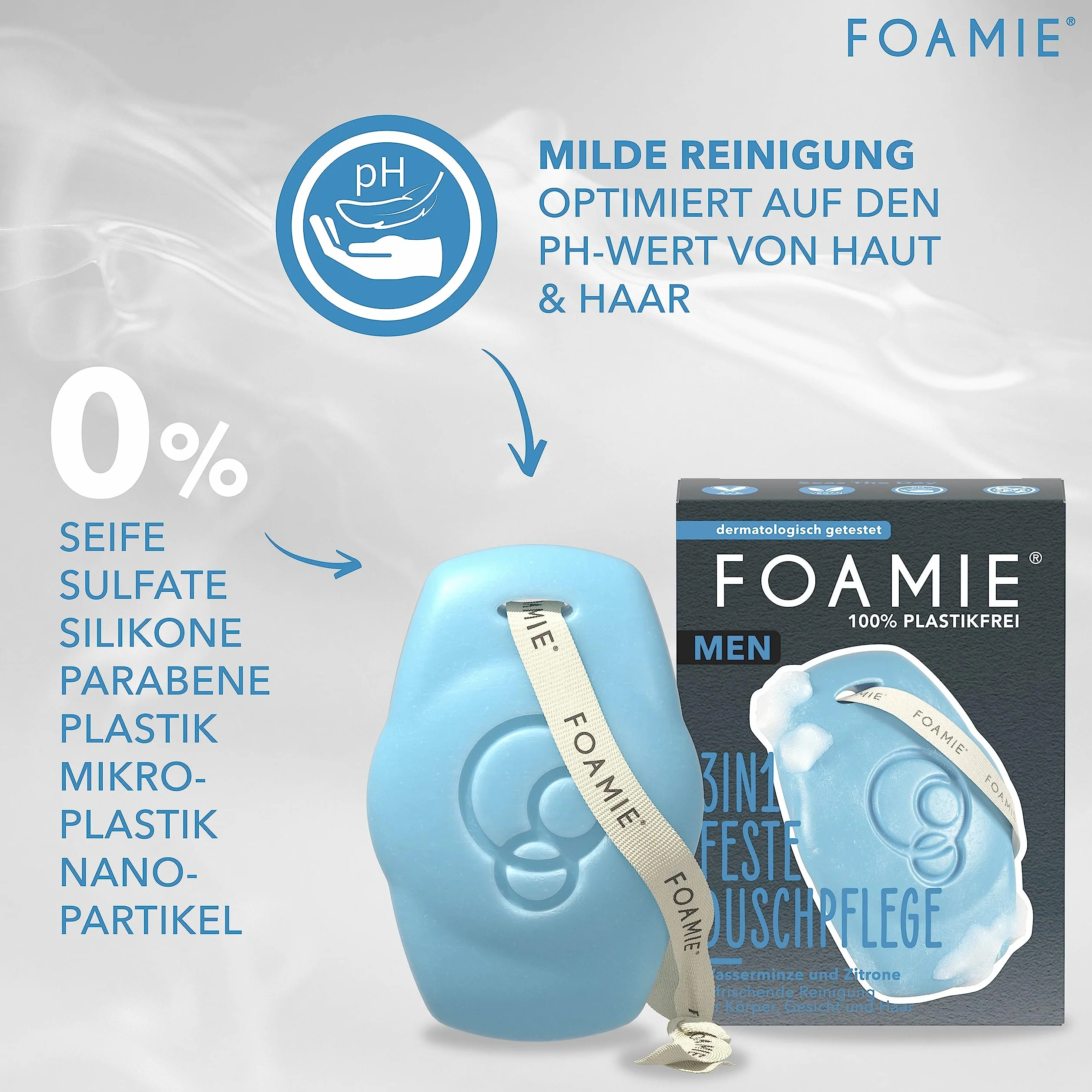 Foamie Men 3 w 1 stały żel pod prysznic i szampon, mięta wodna, cytryna, do ciała, twarzy i włosów, odświeżający zapach, delikatne czyszczenie i pielęgnacja, wegański, bez plastiku i neutralne pH, 90
