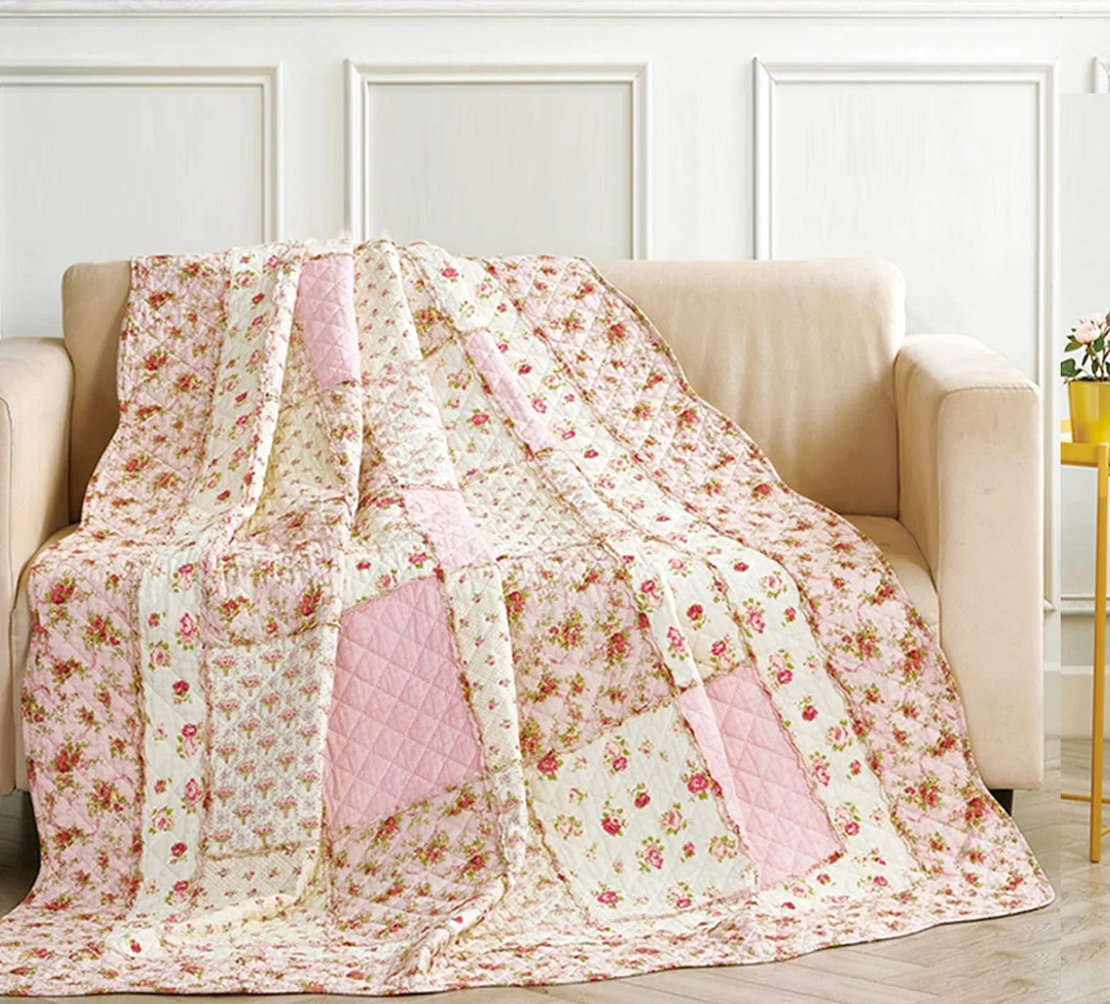Cozyholy Oryginalna 100% bawełna, patchworkowa, kołdra, podwójna, różowa, kwiatowa, dwustronna, vintage, styl shabby chic, pikowana narzuta na łóżko, na kanapę, sofę