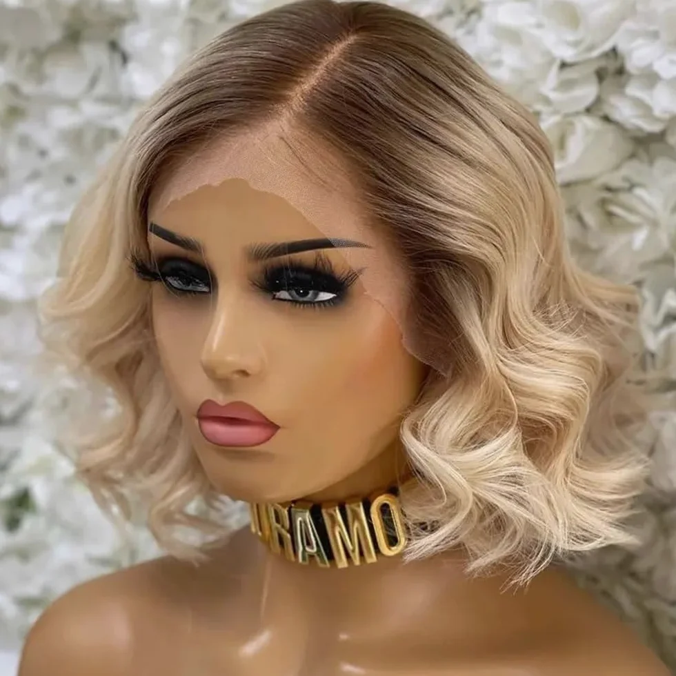 Ombre blond peruki damskie falowane peruki do ramion z linią włosów koronkowe wstępnie przycięte, środkowa część naturalna syntetyczna efekt naturalny i obszerna (14 cali)