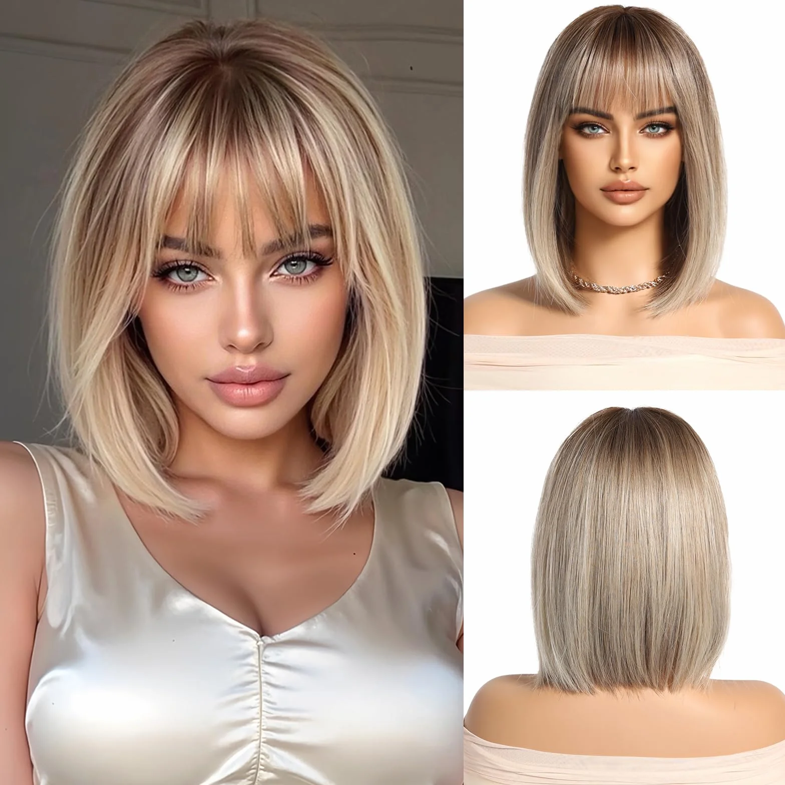 Ombre blond peruka damska krótka bob, prosta peruka syntetyczna dla kobiet, 100% japońskie włókna Kanekalon, na co dzień, imprezę, Halloween
