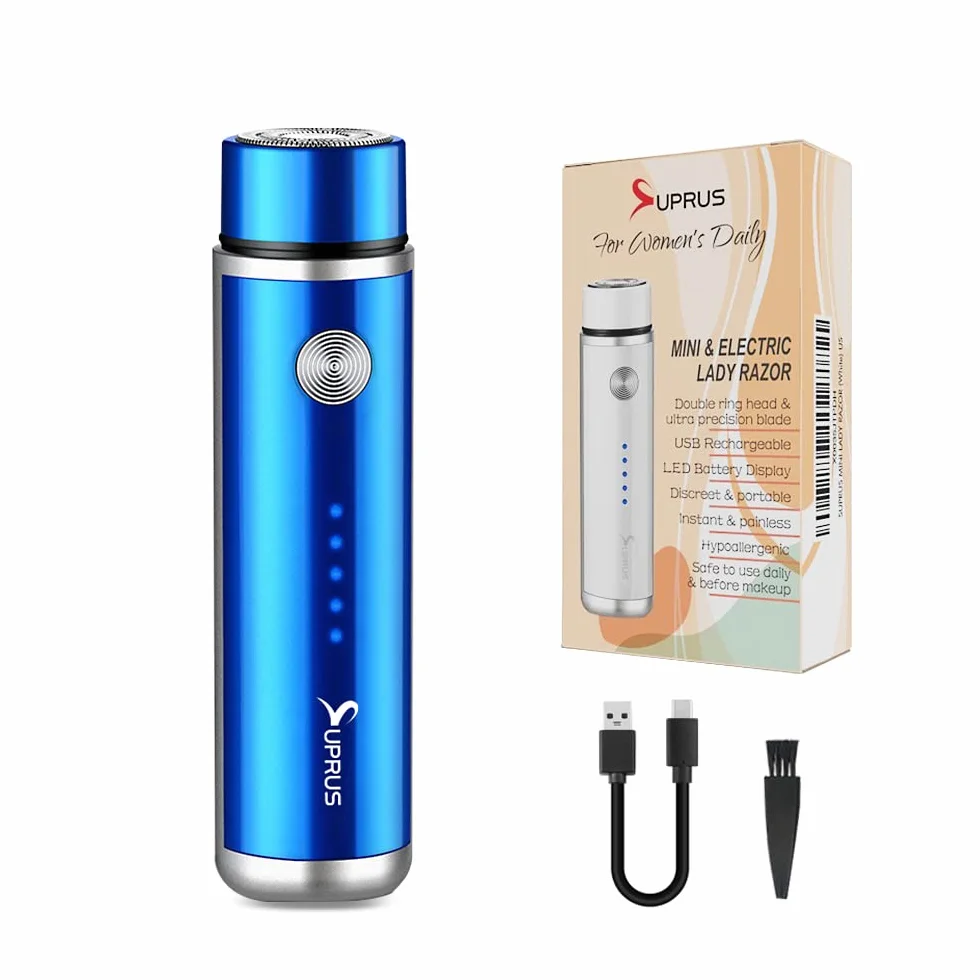 SUPRUS Damska golarka elektryczna z możliwością ponownego ładowania przez USB, do twarzy, brody, wąsów, nóg, pach, bikini, LED, wskaźnik baterii, bezprzewodowy (niebieski)