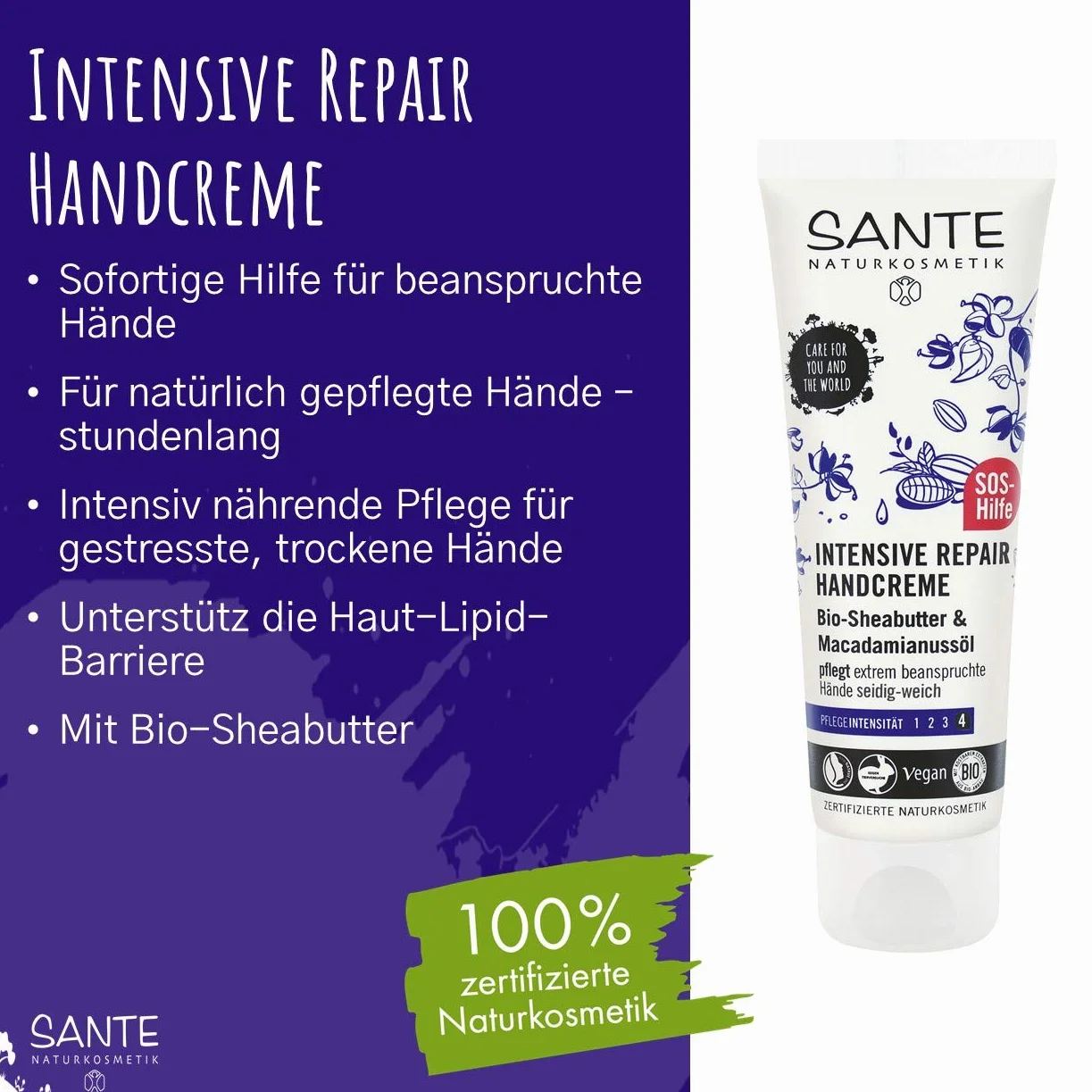 SANTE Naturkosmetik Intensywny regenerujący krem do rąk, bardzo zestresowany pielęgnacja dłoni, naturalna pielęgnacja dłoni, wegański, 75 ml