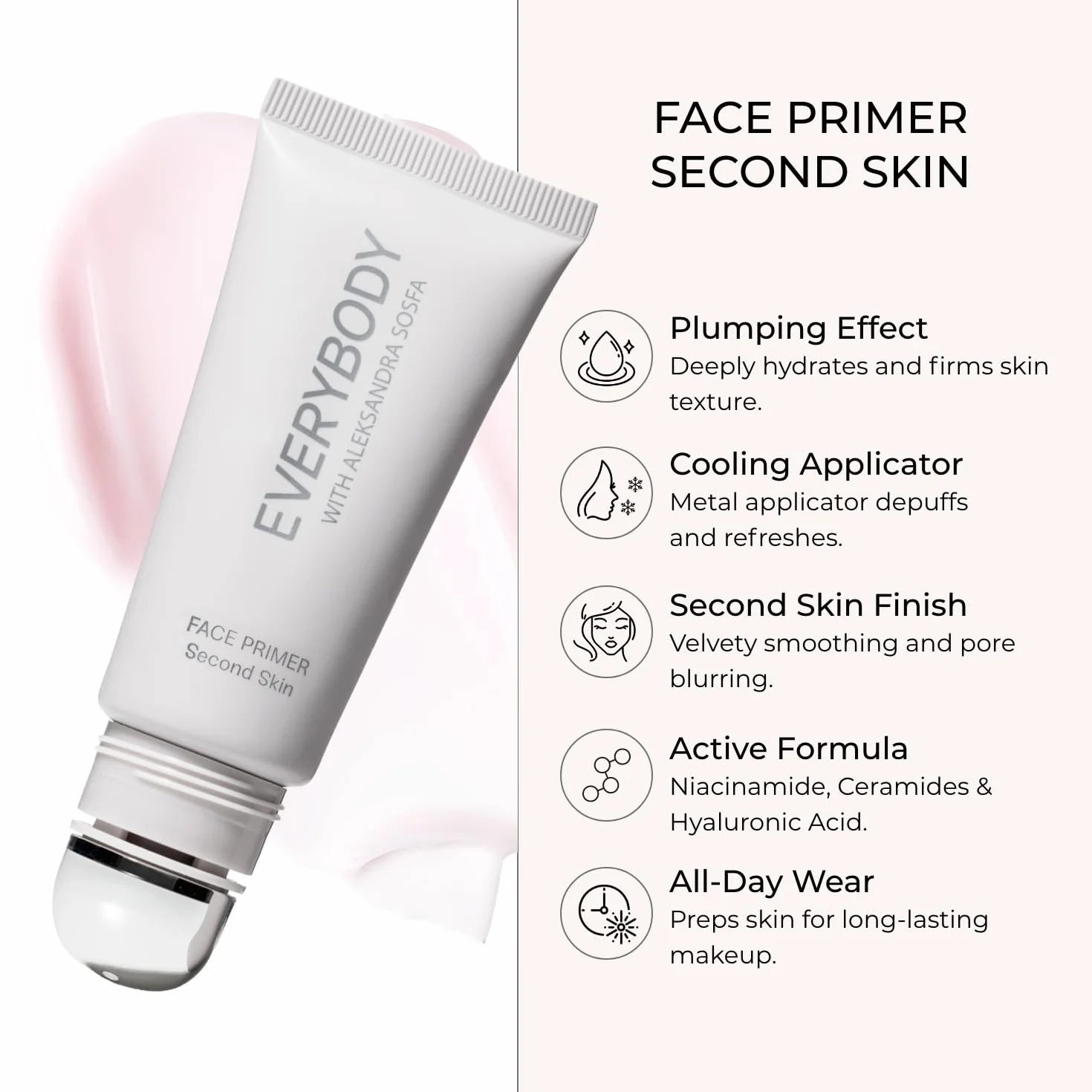 EVERYBODY LONDON x Aleksandra Sosfa Baza do twarzy pod makijaż Second Skin Plumping Face Primer Nawilżająco Wygładzająca z Niacynamidem, Ceramidami i Chłodzącym Aplikatorem 30 ml