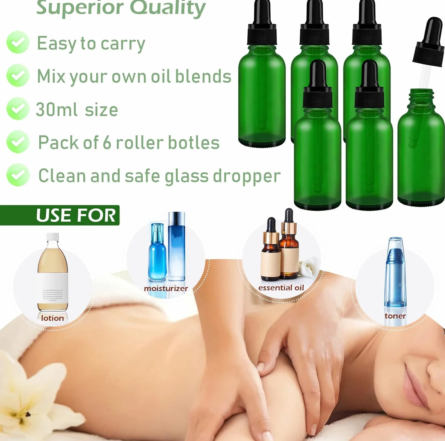 AMJKEJI Butelki z pipetą 30 ml, butelka z lejkiem do pipety, butelka perfum z zakraplaczem, szklany zakraplacz do olejków eterycznych, perfum, aromaterapia, zielone, 12 sztuk