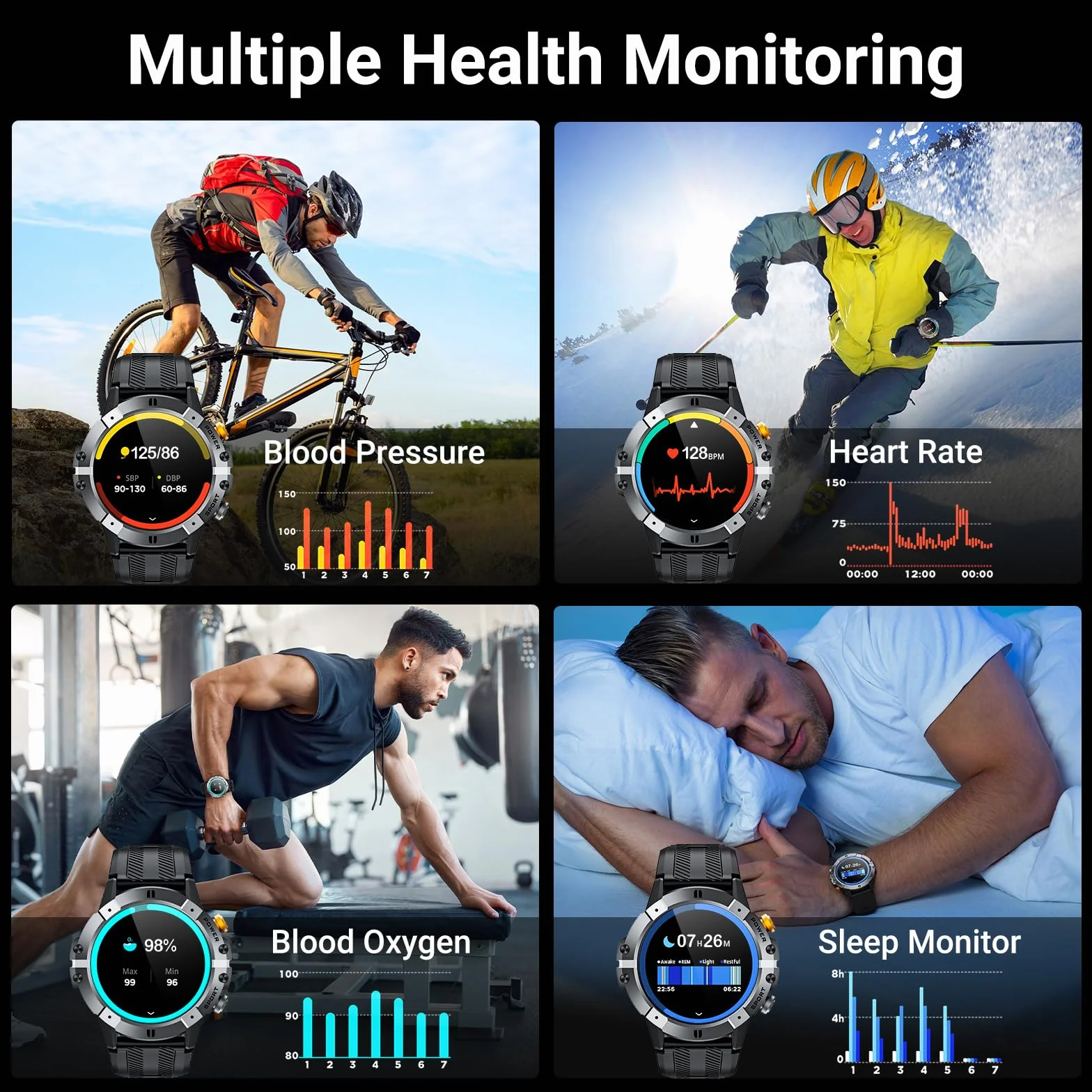 VIRAN Smartwatch męski, 1,52" Smart Watch z pomiarem ciśnienia krwi, wodoszczelność IP68, zegarek fitness ze SpO2, pulsometrem i monitorowaniem snu, zegarek fitness / zegarek sportowy z ponad 100