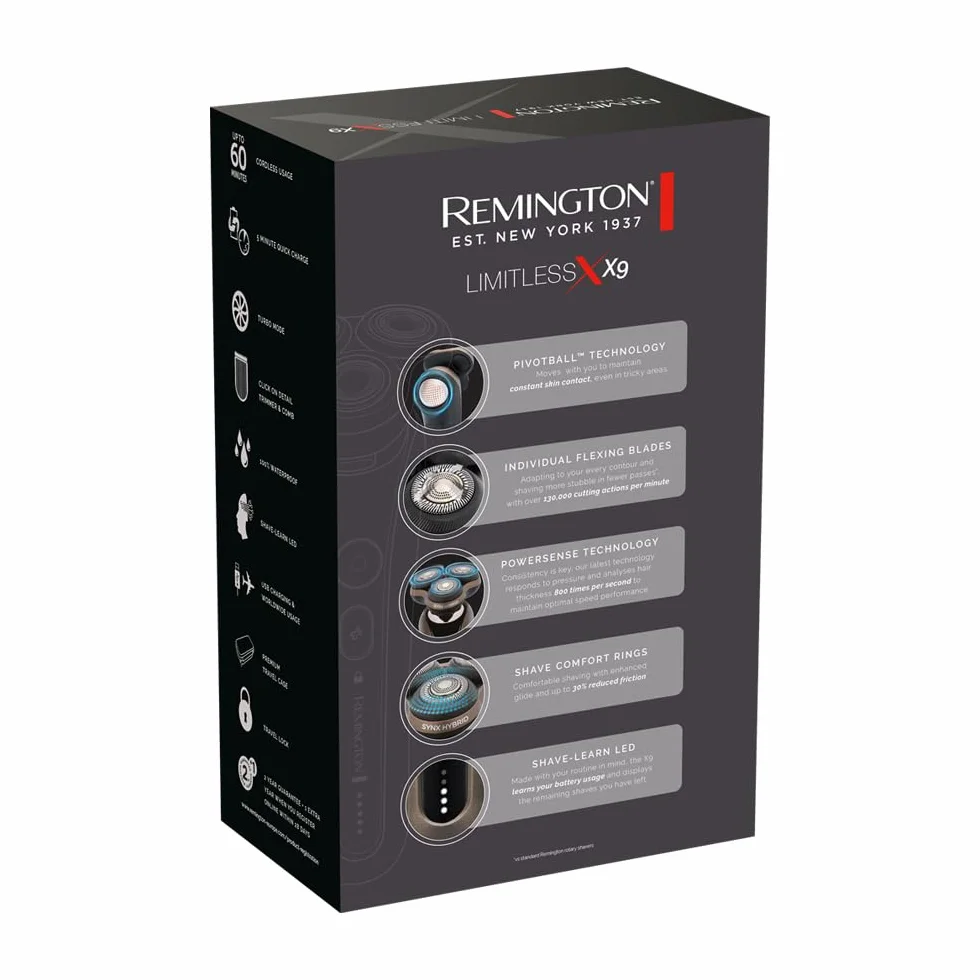 Remington X9 Limitless X Golarka elektryczna dla mężczyzn z hybrydowym systemem tnącym SynX, rotacyjna, na mokro i na sucho, trymer, bezprzewodowa, 360° PivotBall, technologia Shave-Learn LED, XR1795