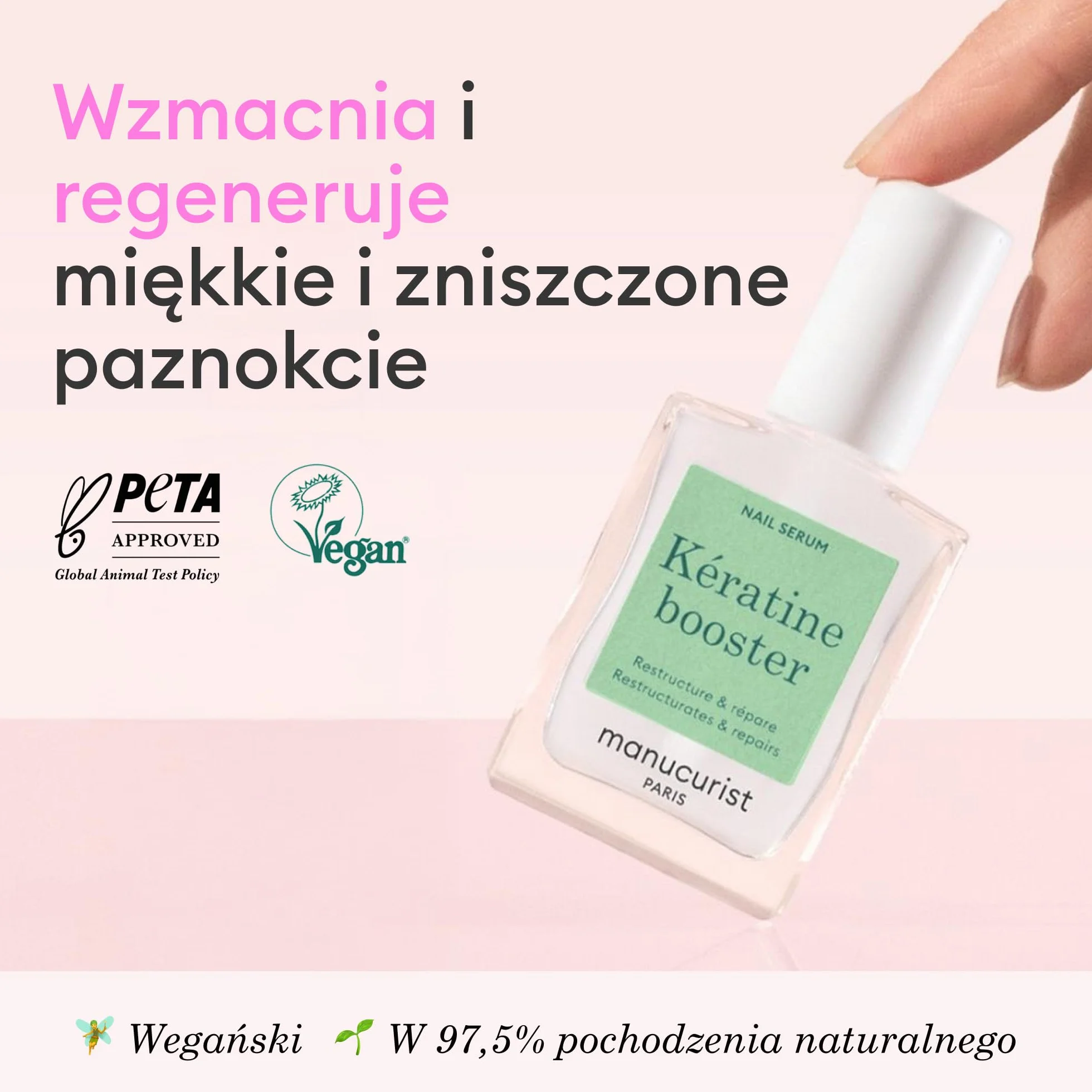 Manucurist Kératine Booster – Utwardzacz do Paznokci – Regeneracja Kruchych i Osłabionych Paznokci – Roślinna Keratyna, AHA, PHA, MSM, Krzem i Witamina B8 – 97,5% składników pochodzenia naturalnego