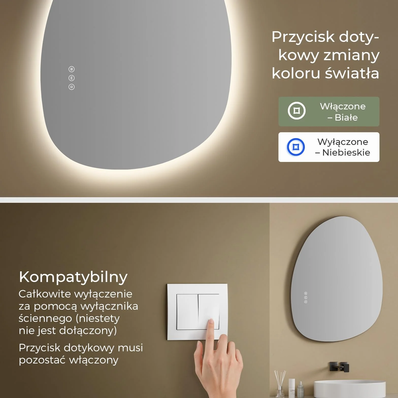 S'AFIELINA Asymetryczne Lustro łazienkowe LED, Lustro z oświetleniem LED 55x75 cm, Backlight, Antypara, 3000K/4000K/6500K, Ściemnialne, Funkcja pamięci, Sterowanie dotykowe, Montaż pionowy/poziomy