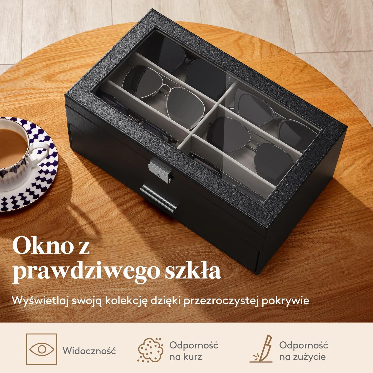 Lifewit 2-Warstwowy Organizer na Okulary Przeciwsłoneczne ze Szklaną Pokrywką, 6 Miejsc na Okulary, 6 Miejsc na Zegarki, Miejsca na Pierścionki/Broszki/Spinki do Krawatów dla Mężczyzny, Czarny