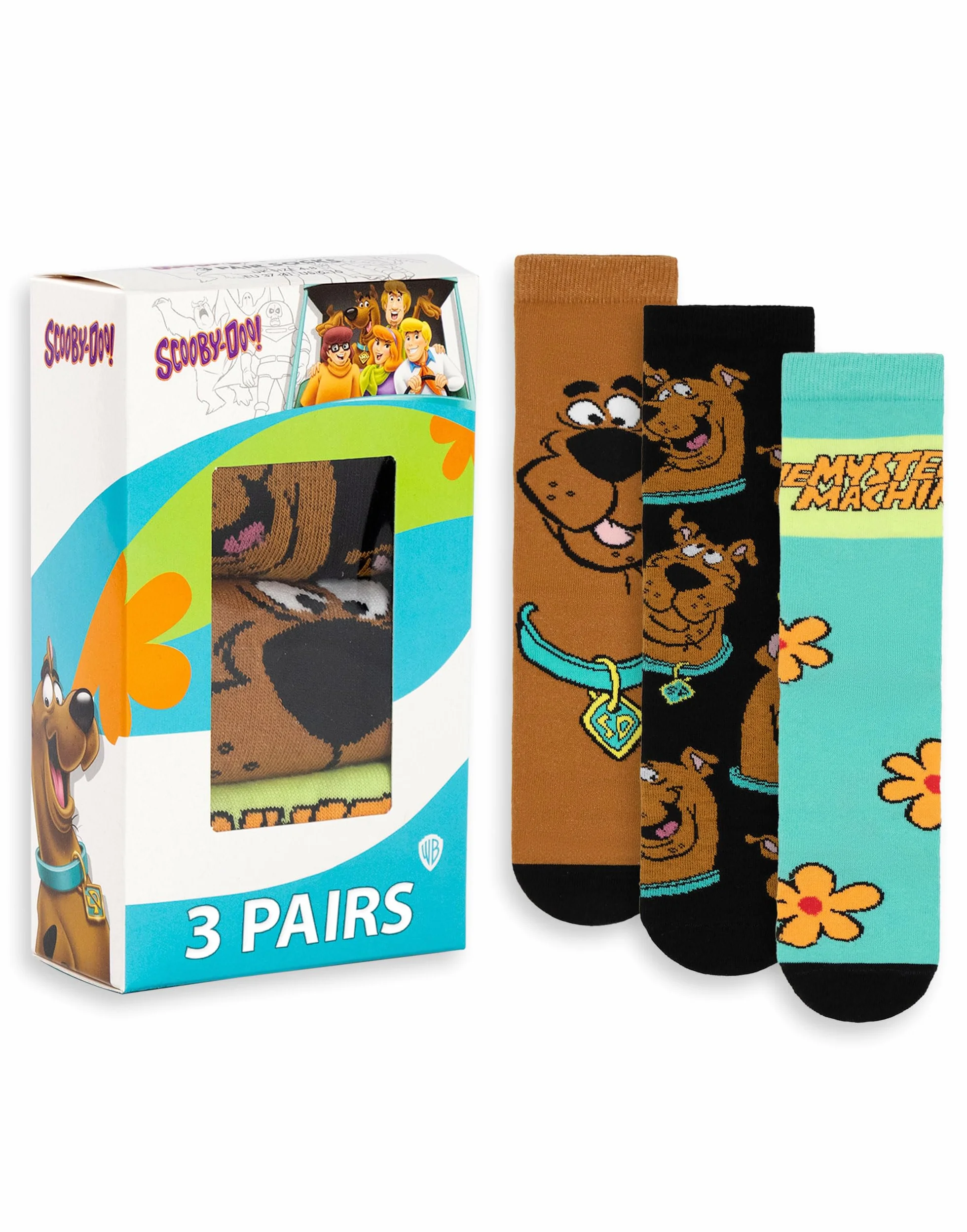 Scooby-Doo! Zestaw 3 skarpetek unisex z motywem Scooby Doo Mystery Machine w wielokolorowe paski na łydki | Postać z kreskówki na co dzień | Gadżety Warner Bros