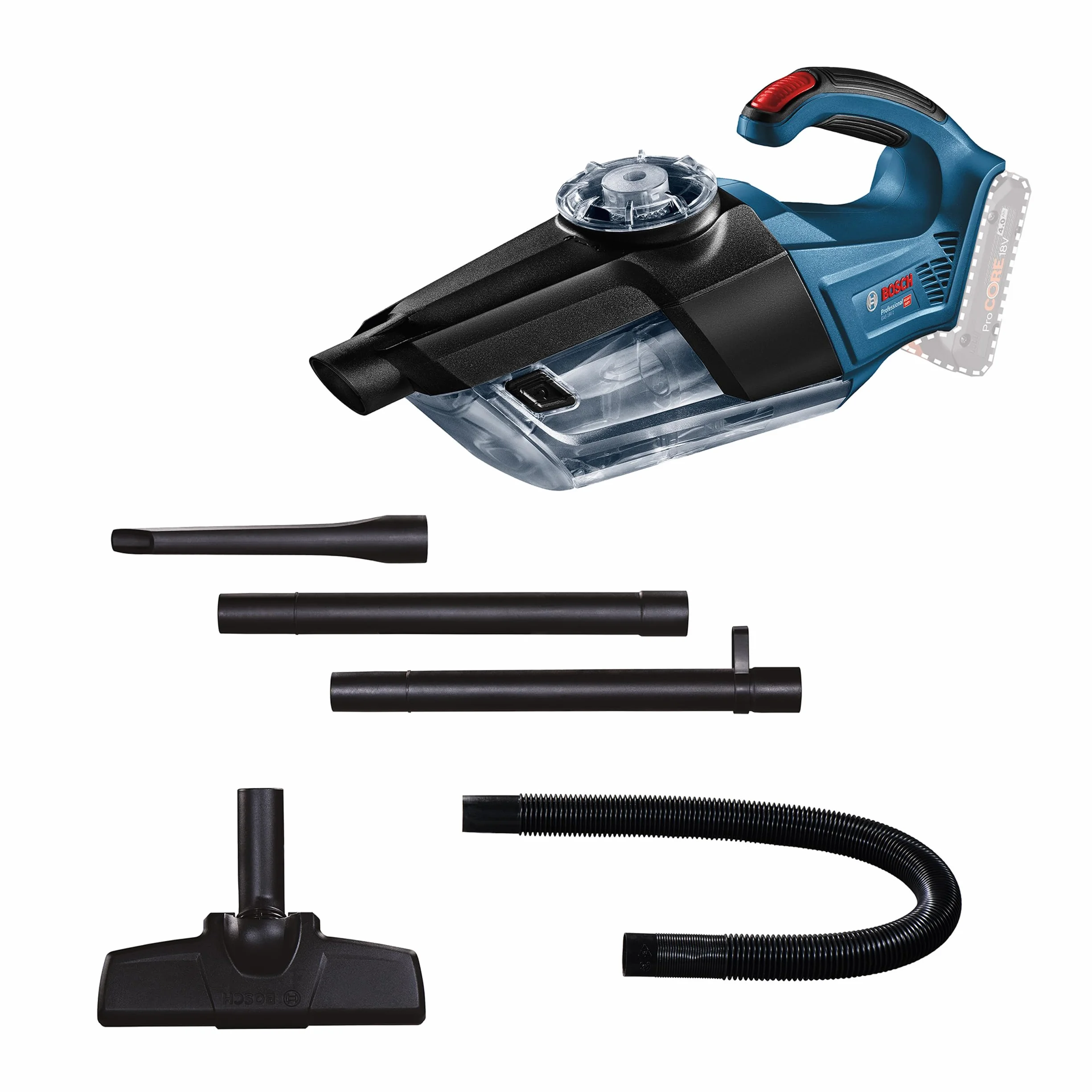 Bosch Professional system 18V: akumulatorowy odkurzacz ręczny GAS 18V-1 (rura, dysza do fug, dysza do dywanów, pojemność zbiornika 1 l)