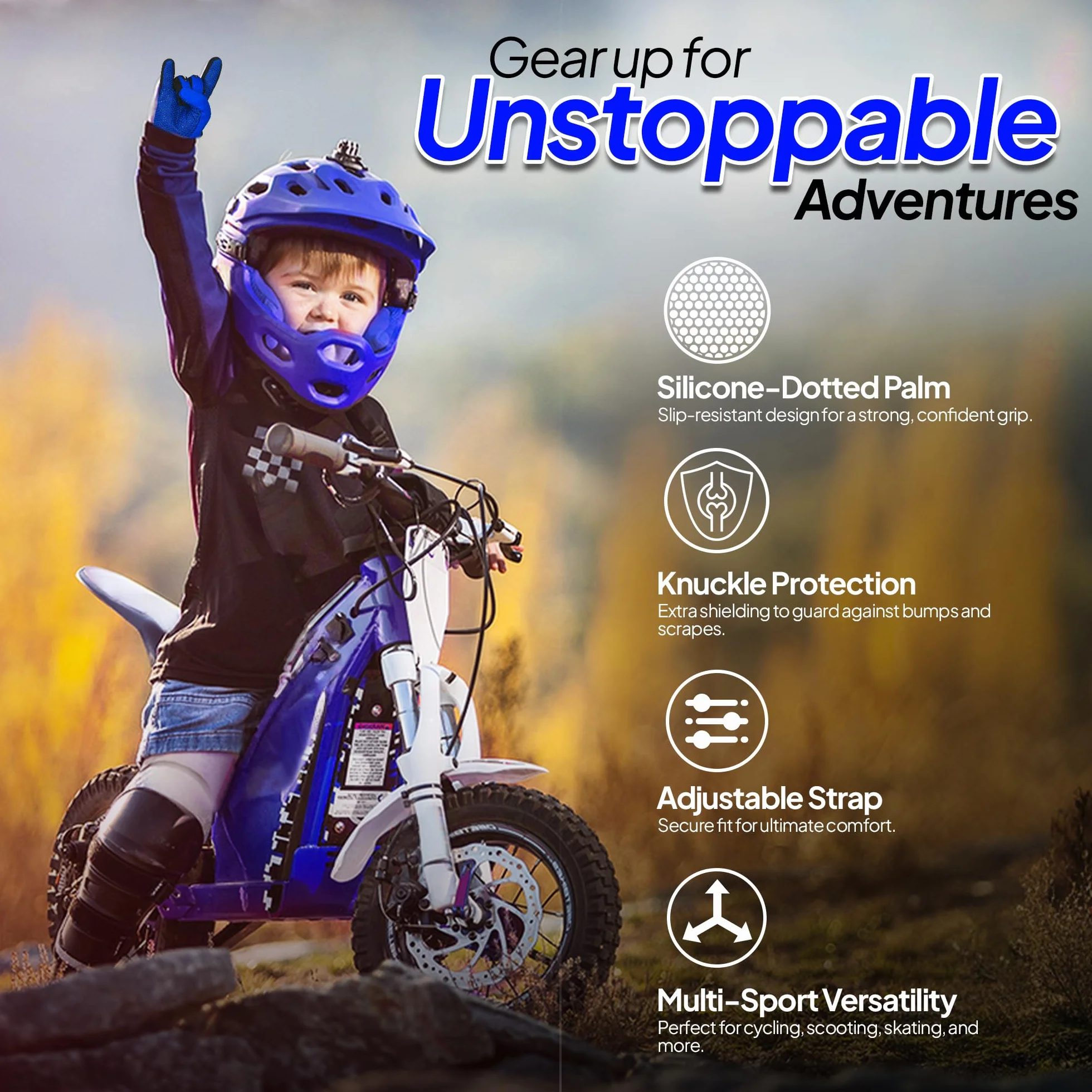 Rękawice rowerowe dla dzieci Trwałe i wygodne rękawice motocrossowe Idealna odzież motocyklowa dla Twojego dziecka (Blue, Large [8-10 Yrs])