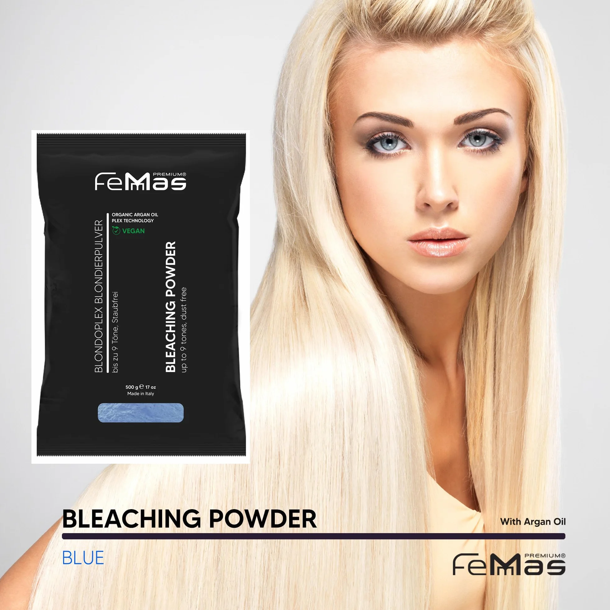 FemMas Niebieski proszek wybielający 500 g I Proszek wybielający z technologią Plex i jednorodnym rozjaśniającym olej arganowy I Ultra mocny i bezpyłowy I Hair Bleach do rozjaśniania do 9 odcieni