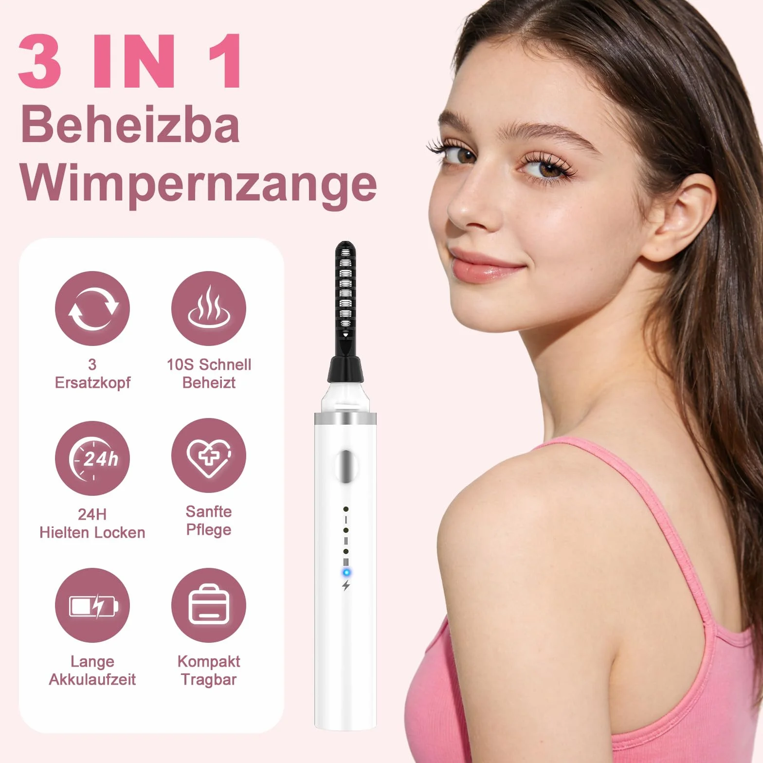 Elektryczna zalotka do rzęs 3 w 1, podgrzewana, USB C, 3 temperatury, szybkie nagrzewanie 10s, biała