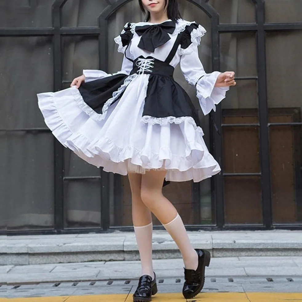 Damski strój pokojówki anime długa sukienka czarno-biały fartuch sukienka cosplay kostium na cztery pory roku