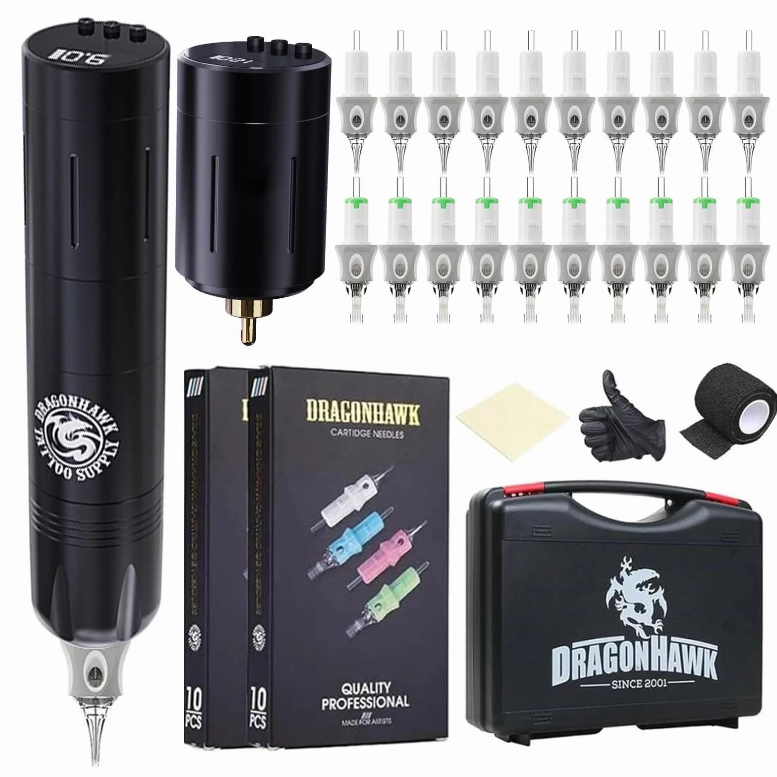 Dragonhawk Wireless Rotary Tattoo Machine Kit Tattoo Gun with LCD Display, 2 Rechargeable Batteries, Cartridge Needles Included, Complete Kit for Beginners