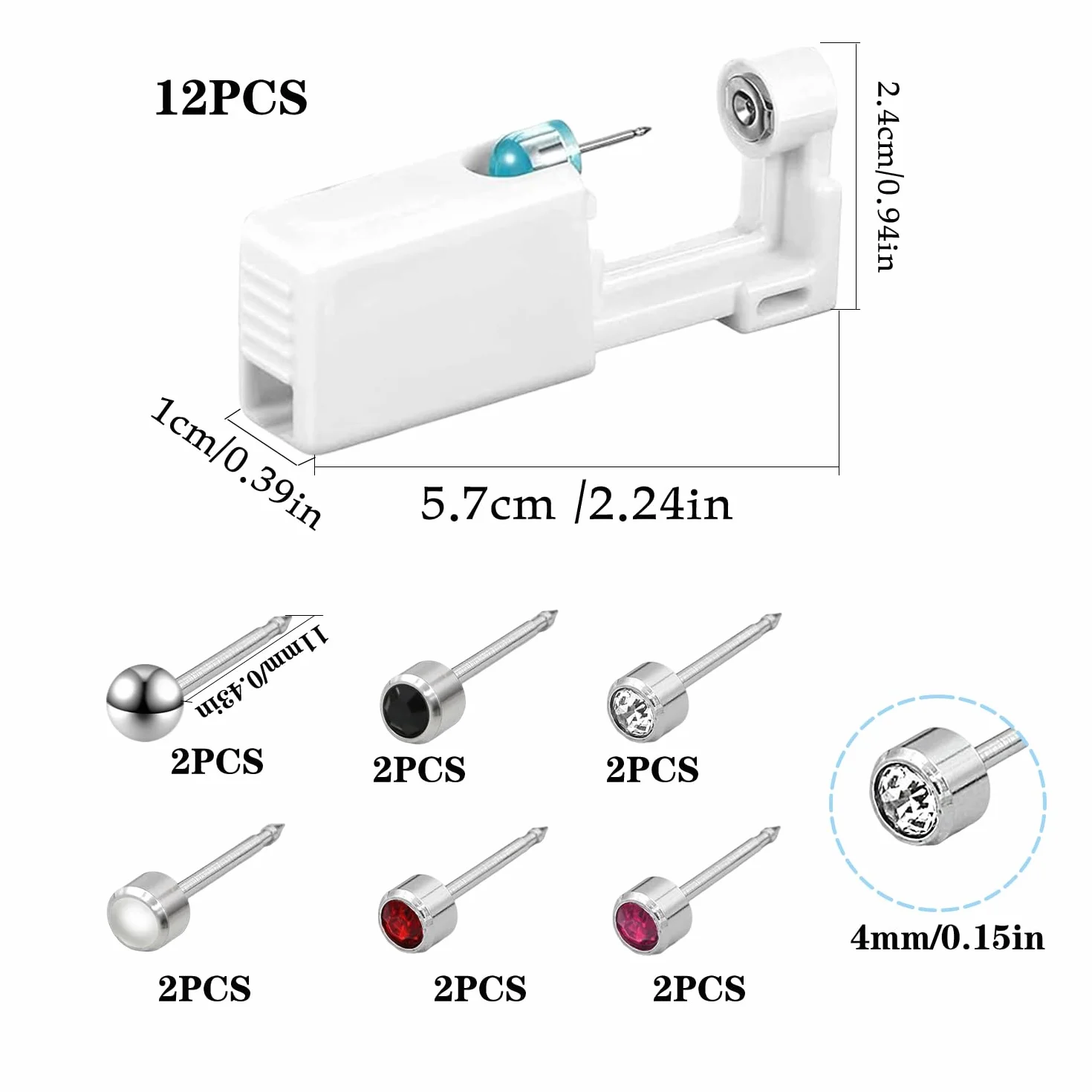 Zestaw 12 przekłuwaczy do uszu, pistolet do piercingu