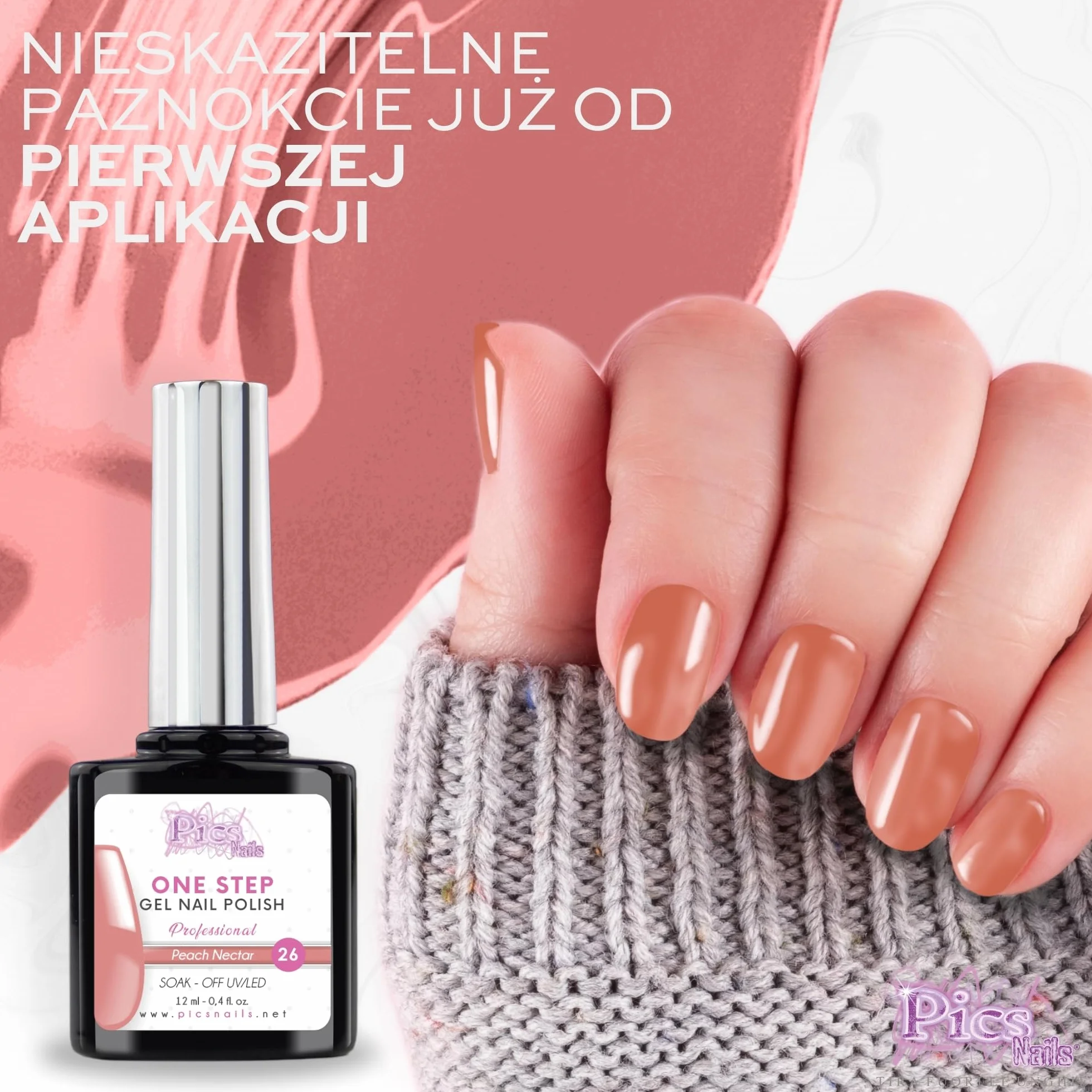 Lakier do paznokci One Step Gel Polish UV/LED 12 ml - Lakier żelowy - Natychmiastowy połysk paznokci z lub bez bazy i top coat (26. Nektar Brzoskwiniowy, 12 ml)