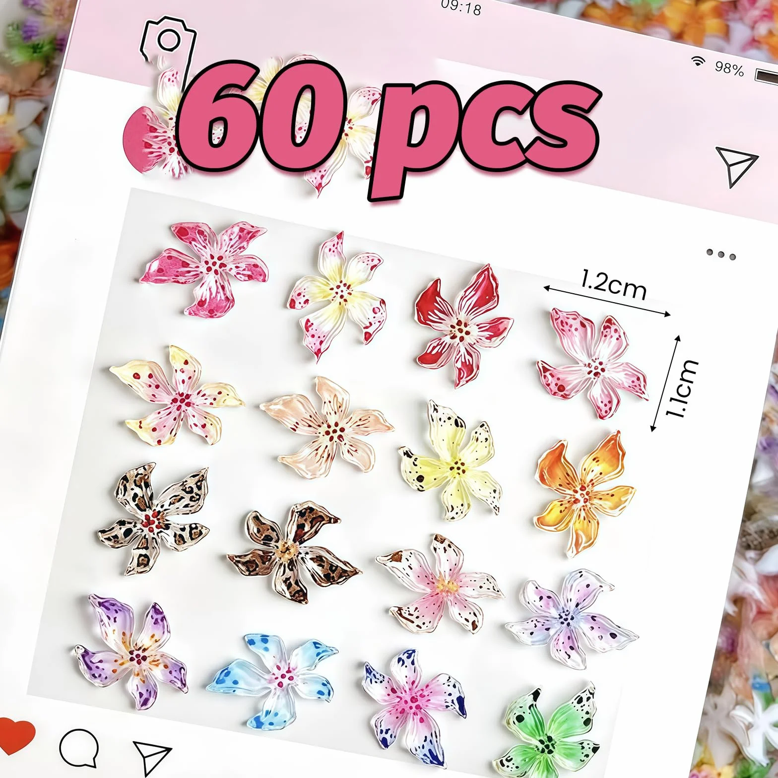 Yamobi 60 szt. kolorowy, miękki klej lilii, kwiatowe zawieszki do paznokci, 3D, kwiatowe zawieszki do paznokci, lód, kryształ, relief, gradient, lilie, kwiaty, zawieszki do paznokci, żywiczny liść