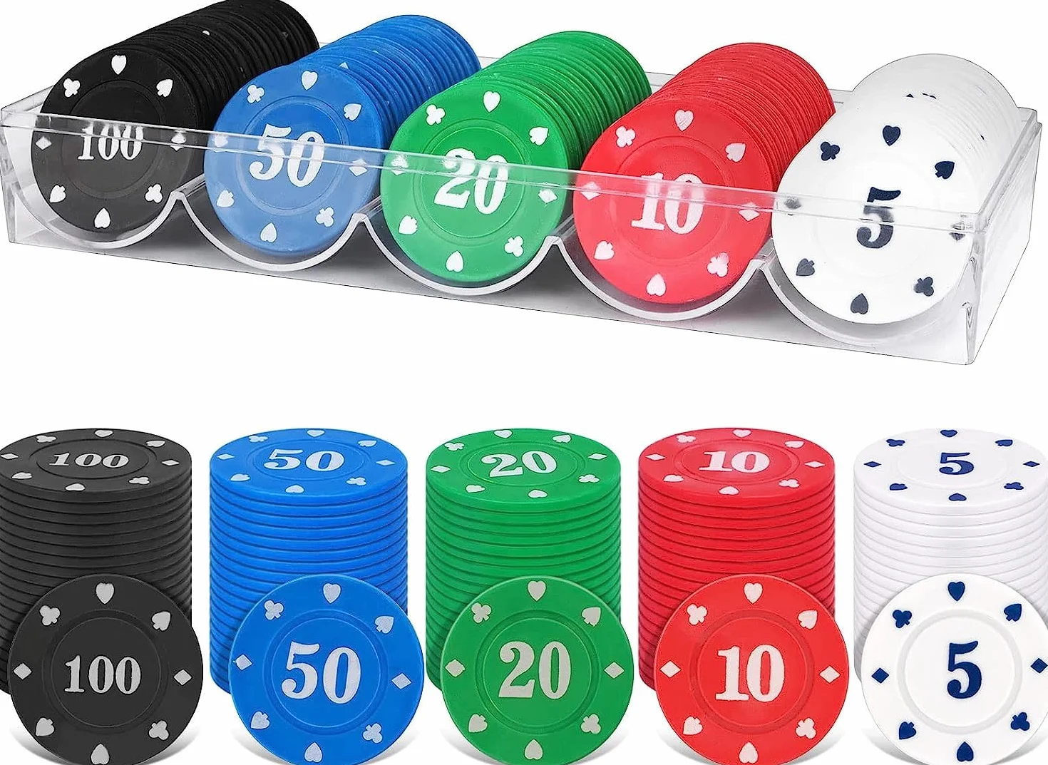 100 Szt. Plastikowe Żetony do Pokera i Kasyna - Zestaw Akrylowych Żetonów z Pudełkiem do Liczenia Markerów Matematycznych