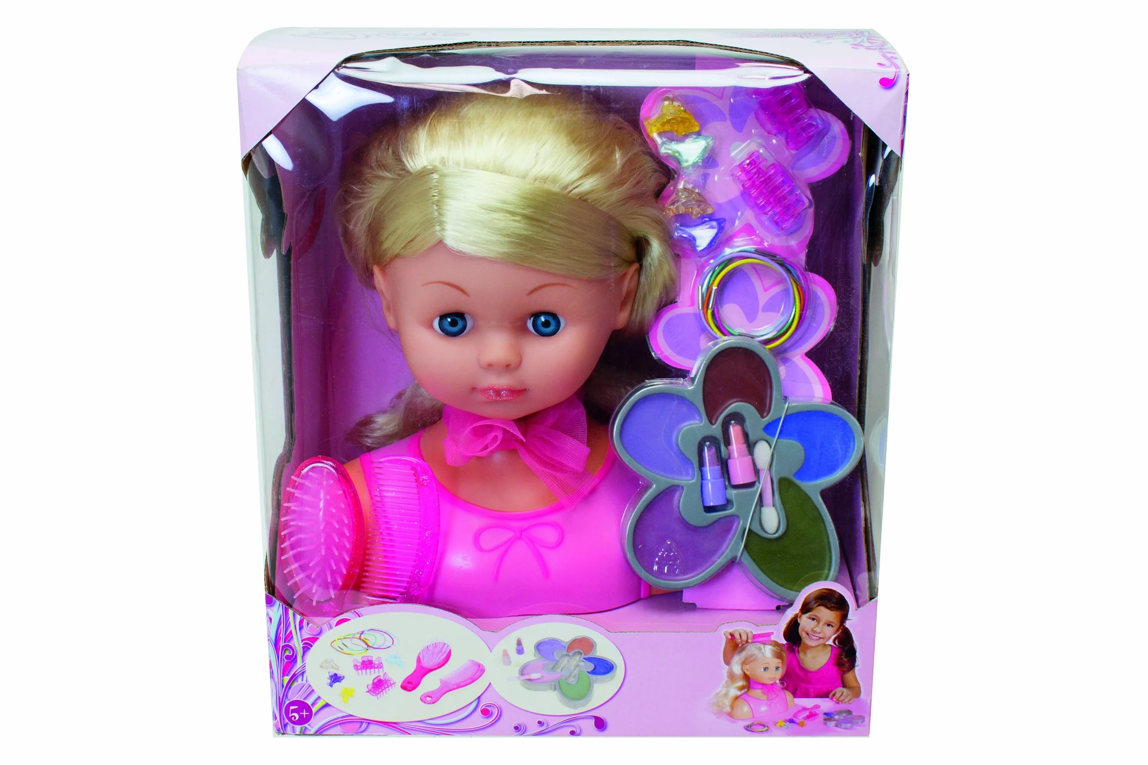 Simba-smoby 105564348 model stylizacji głowy lalki Steffi | W zestawie z zabawnymi akcesoriami, w tym szczotką, grzebieniem, klipsami do włosów i makijażem | Wiek 5+, wiele