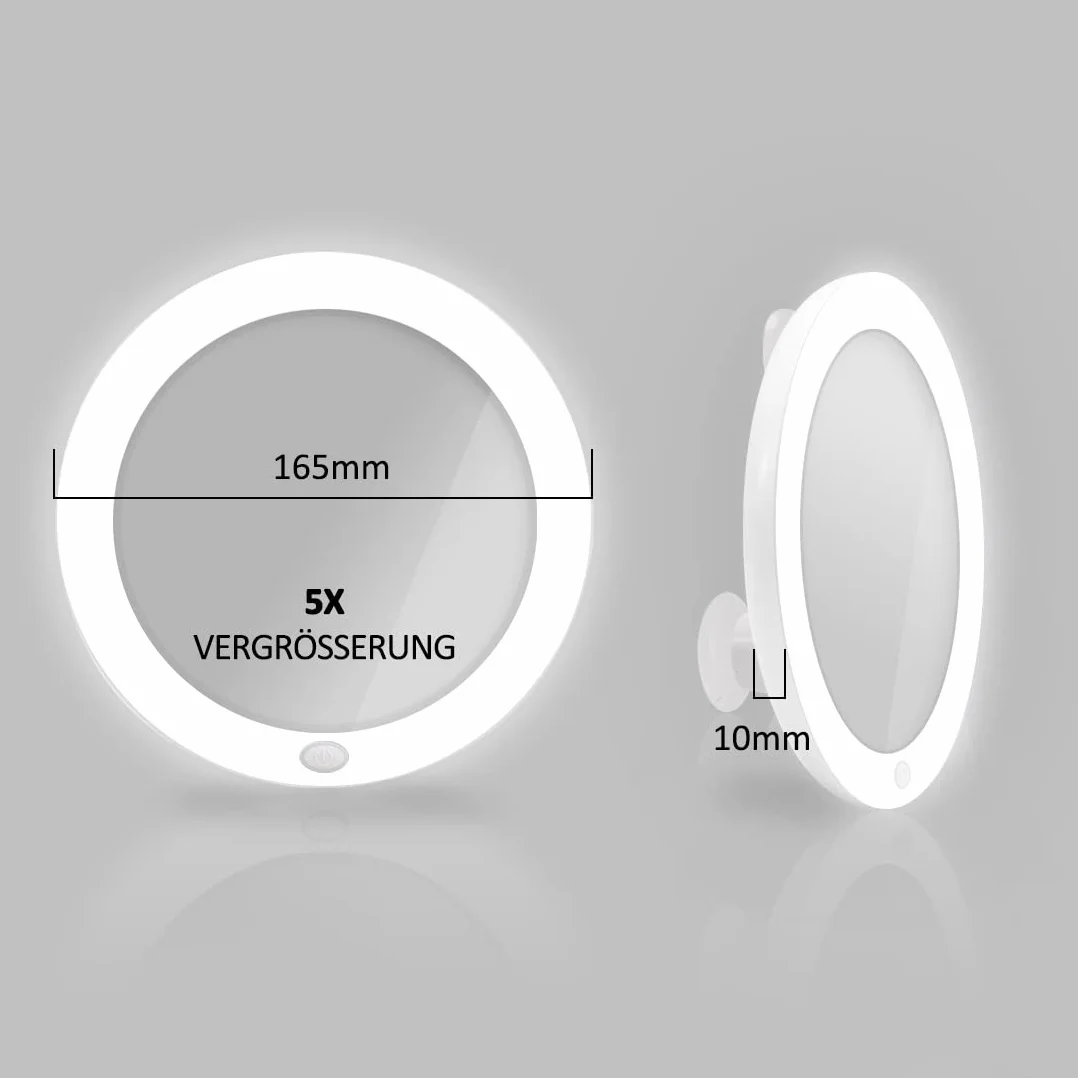 EMKE Lusterko kosmetyczne LED z 5-krotnym powiększeniem, średnica 165 mm, białe, przyssawka