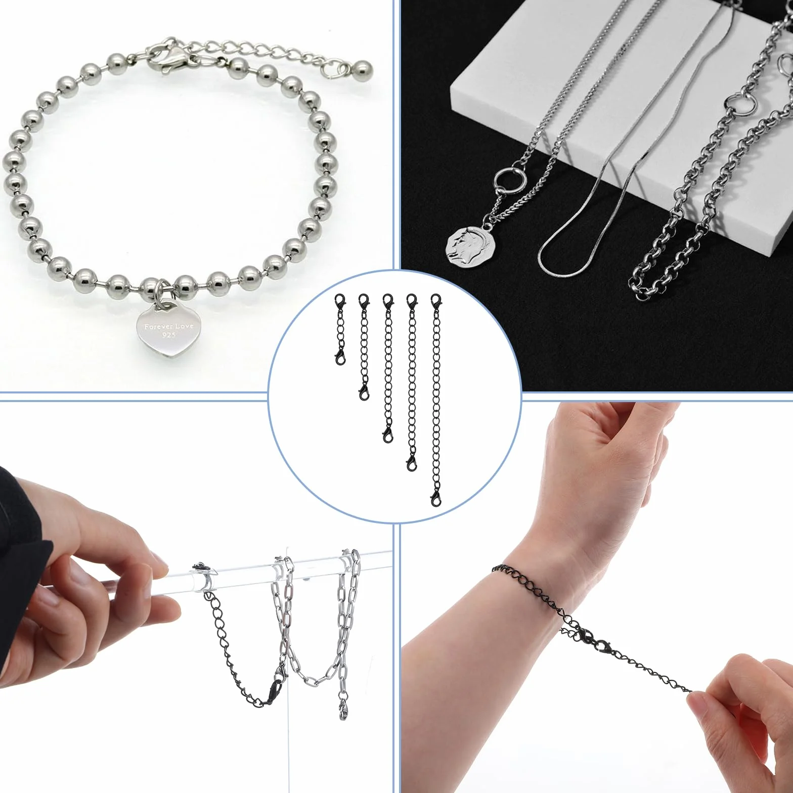 15 szt. czarnych przedłużaczy naszyjnika, 5 rozmiarów, zestaw przedłużek do naszyjnika ze stali nierdzewnej, bransoletka, choker, naszyjniki, przedłużacze na kostkę, do produkcji biżuterii