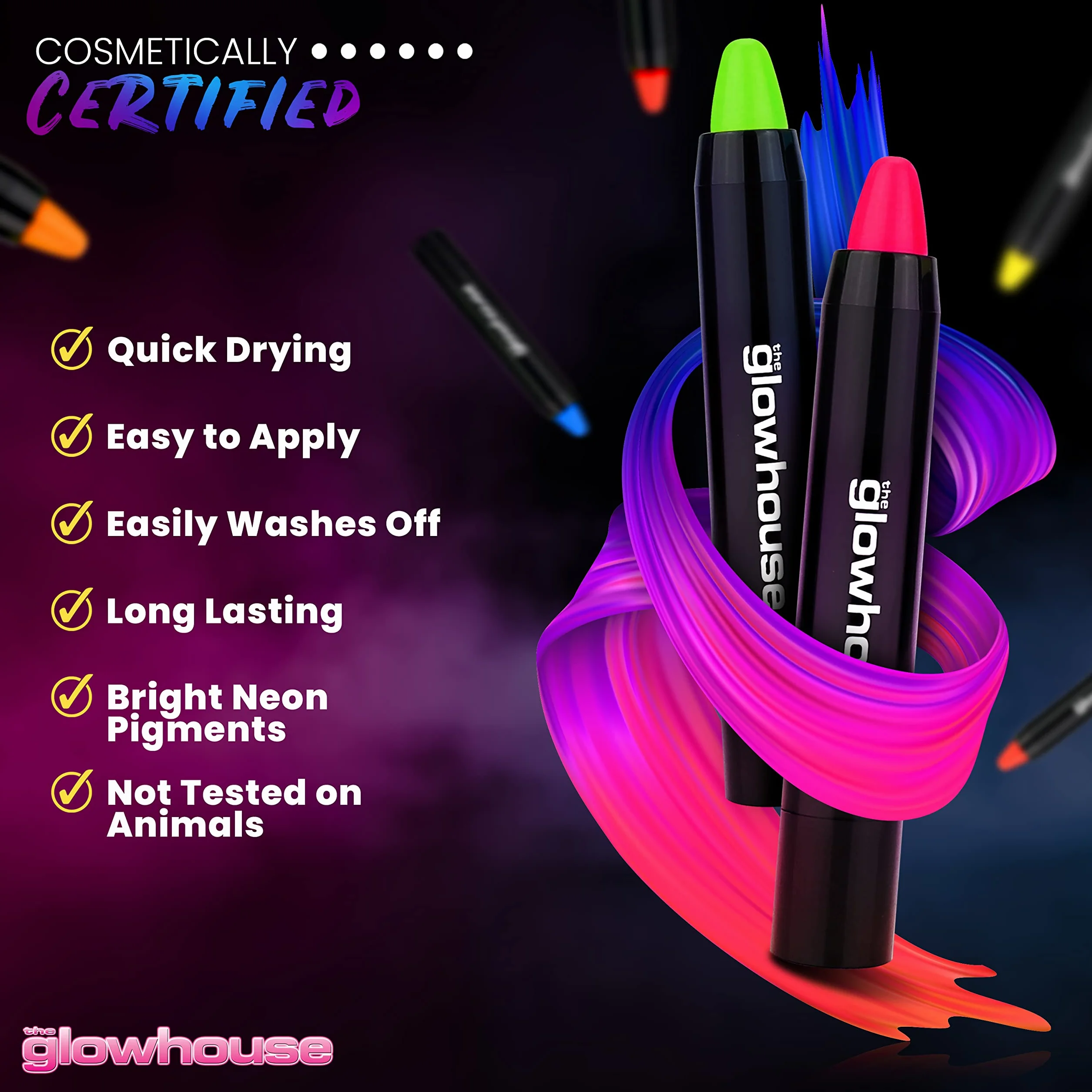 The Glowhouse UV Neonowa farba do twarzy i lakier w sztyfcie (zestaw 6 szt.) Fluorescencyjny, najjaśniejszy blask w promieniach UV!