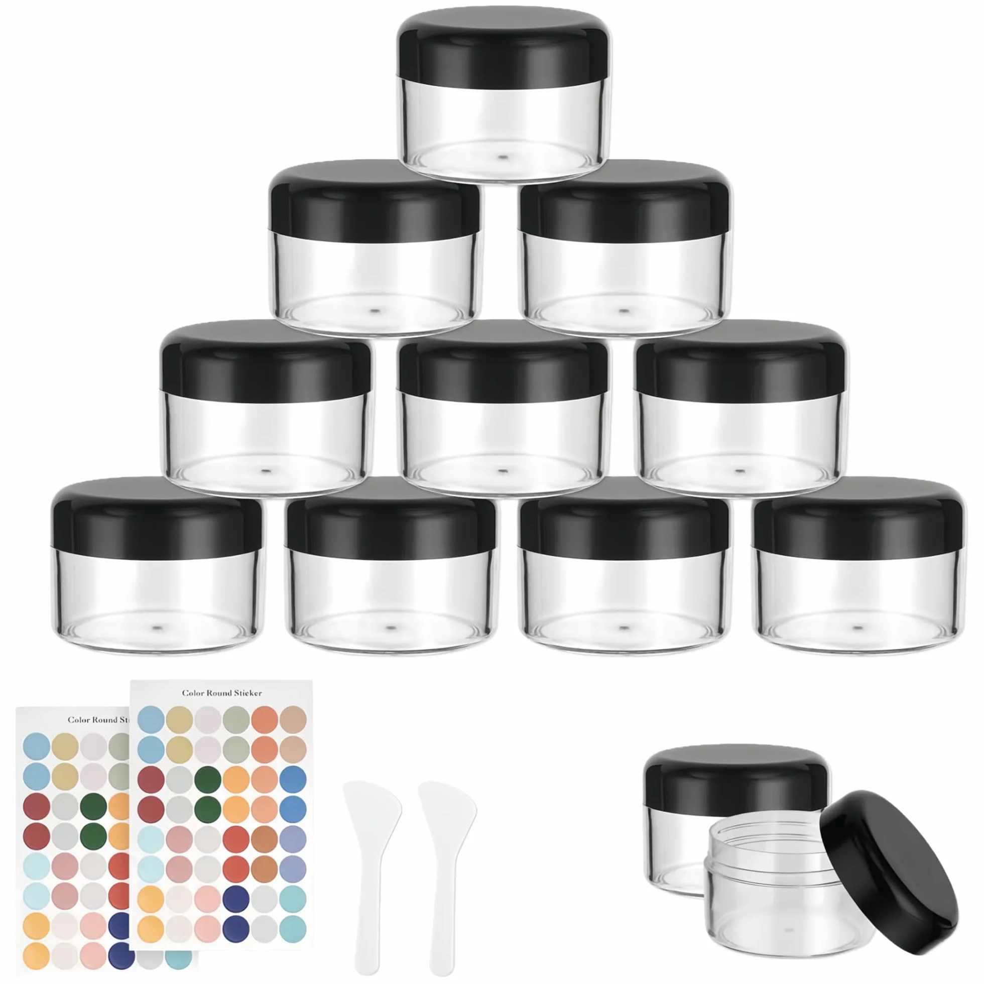 Flintronic Plastikowy słoik na kosmetyki 24 x 50 ml, przezroczysty i widoczny pojemnik na próbki, czarna zakrętka butelka z naklejką i małą łyżką, nadaje się do kosmetyków/kremów/żelu/pasty/koralików