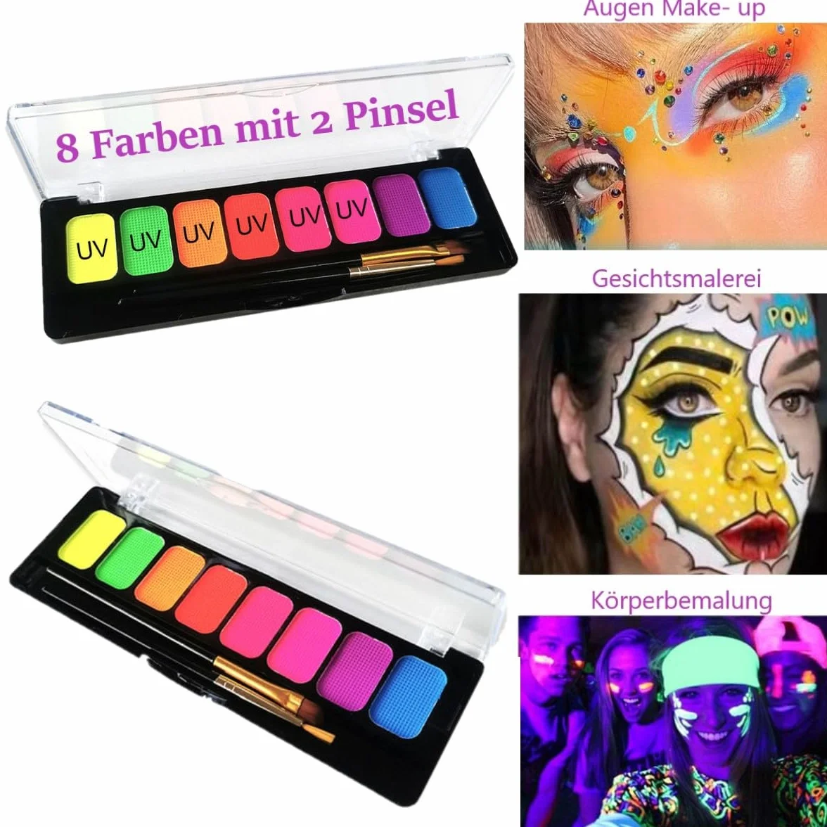 Farba do ciała fluorescencyjna UV 8 kolorów z pędzlami