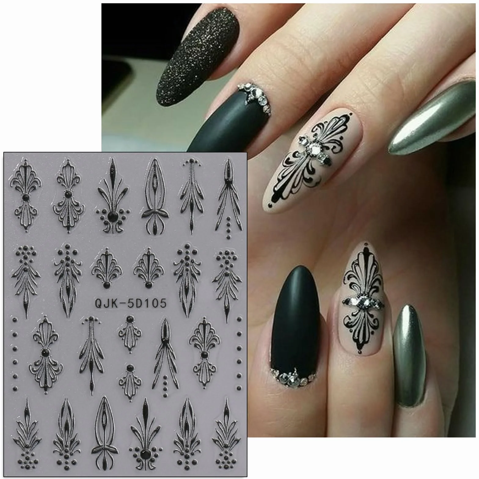 JMEOWIO 3D Czarny Biały Kwiat Nail Art Naklejka 4 Arkusze Naklejki na paznokcie Samoprzylepne dekoracje do paznokci