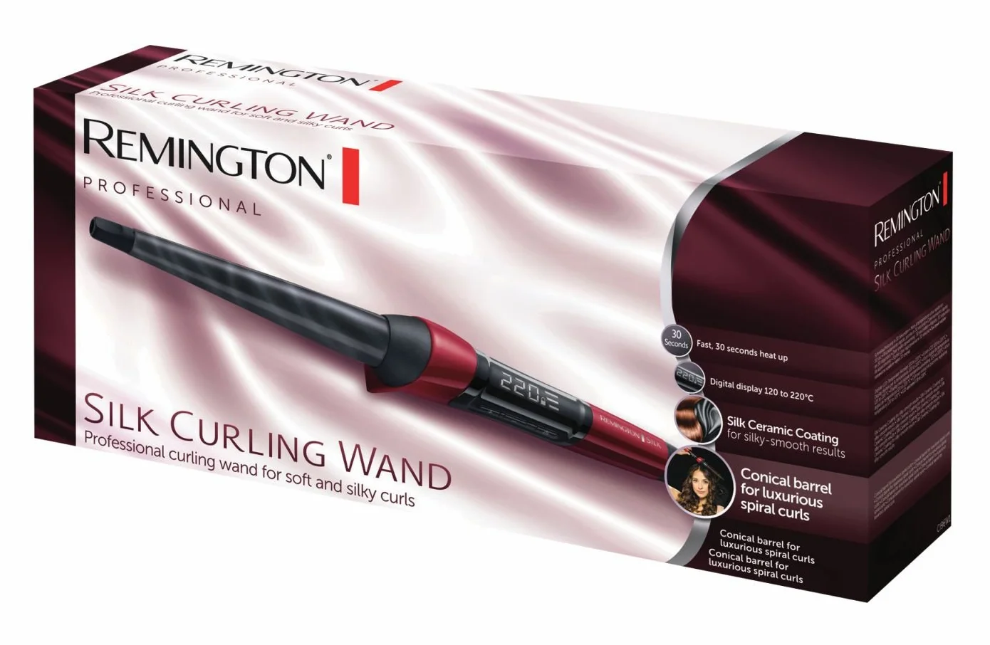 Remington lokówka z jonizacją, ceramiczna z proteinami jedwabiu, zakres temperatur 120-220°C, szybkie nagrzewanie, rękawiczka ochronna, zimna końcówka, moc 48W, czarno-czerwona, Silk CI96W1