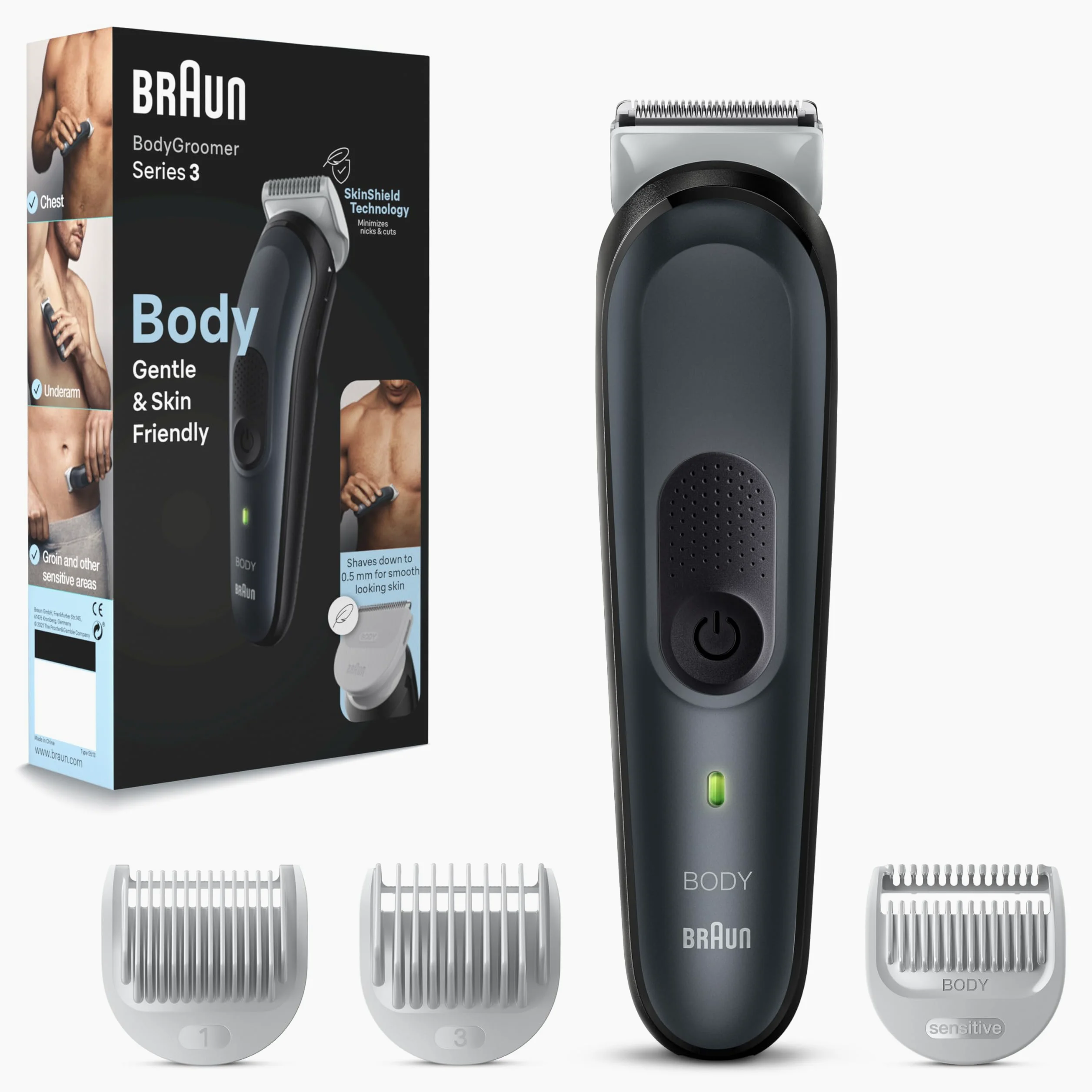 Braun Series 3 Bodygroomer golarka intymna dla mężczyzn, nasadki grzebieniowe 1/3 mm, czas pracy 80 min