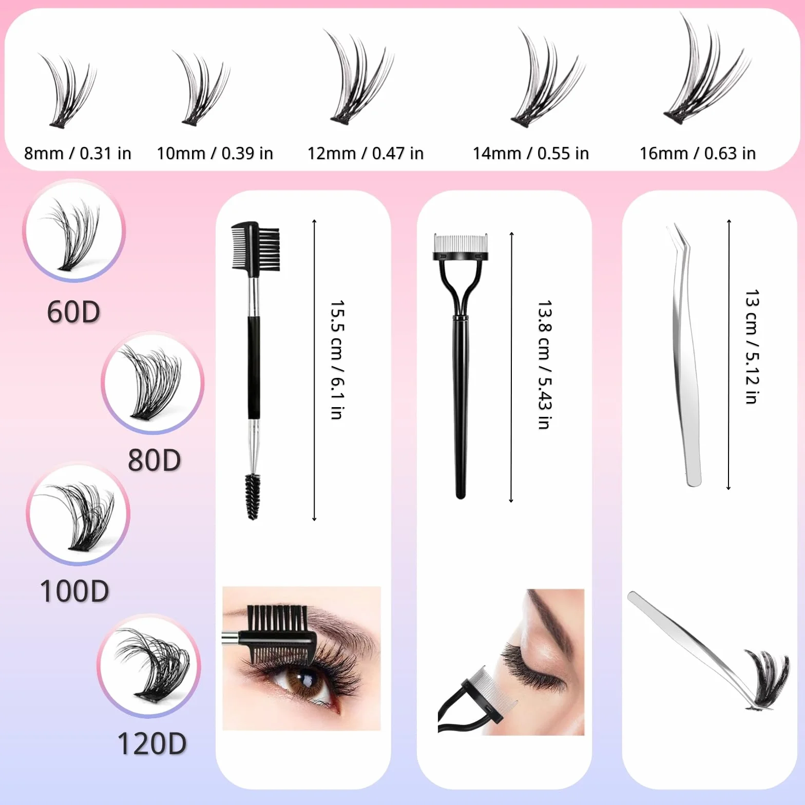 640 sztuk fałszywych rzęs, 30D + 40D + 50D + 60D zestaw do przedłużania rzęs z pęsetą, D Curl 8-16 mm sztuczne rzęsy, zestaw DIY do przedłużania rzęs (zestawy 30-60D)