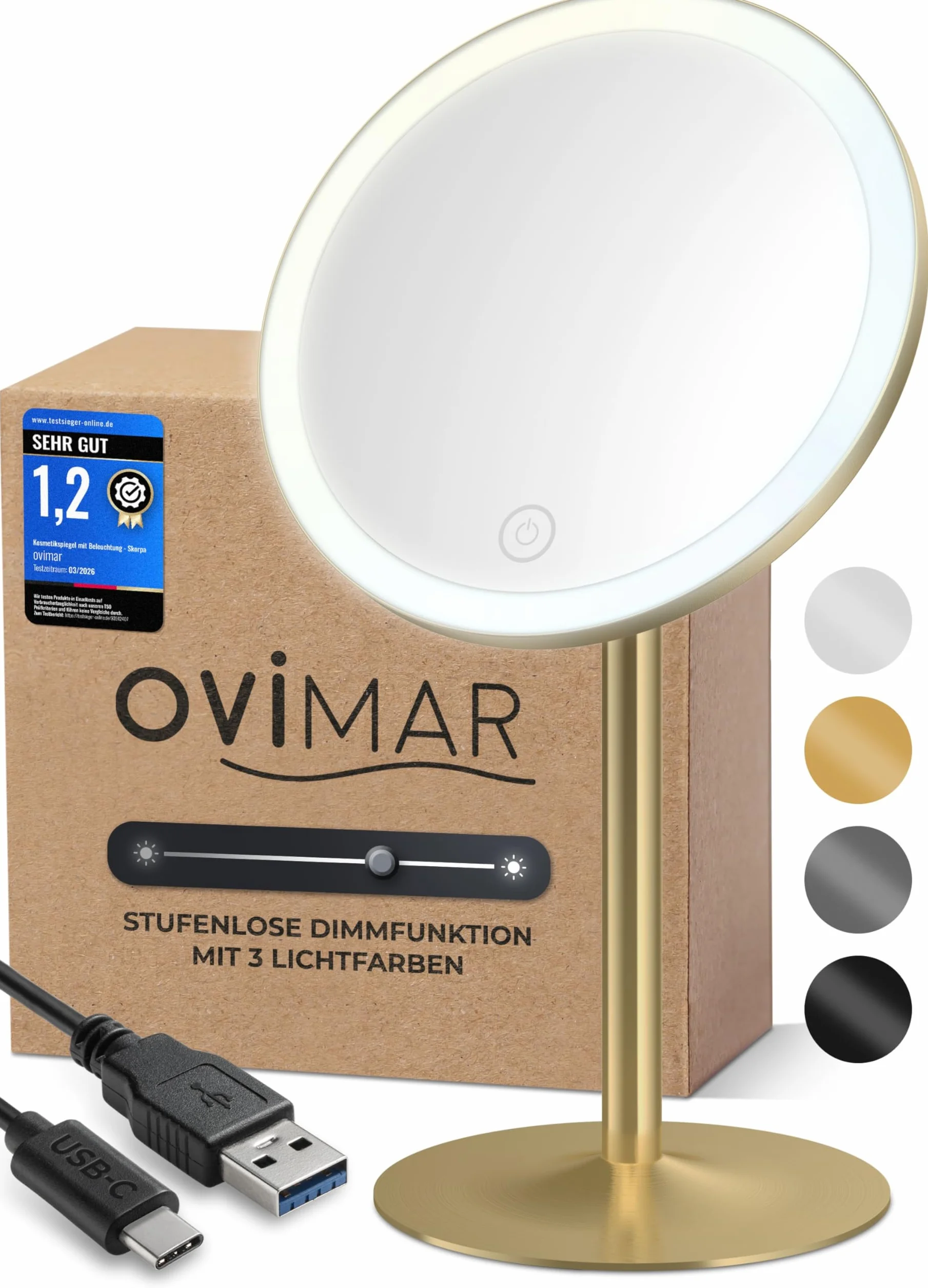 ovimar Lusterko kosmetyczne Saltum Gold z oświetleniem, ładowalne, samodzielne do łazienki, 5-krotne powiększenie, lusterko do makijażu ze światłem, obrotowe 360 stopni