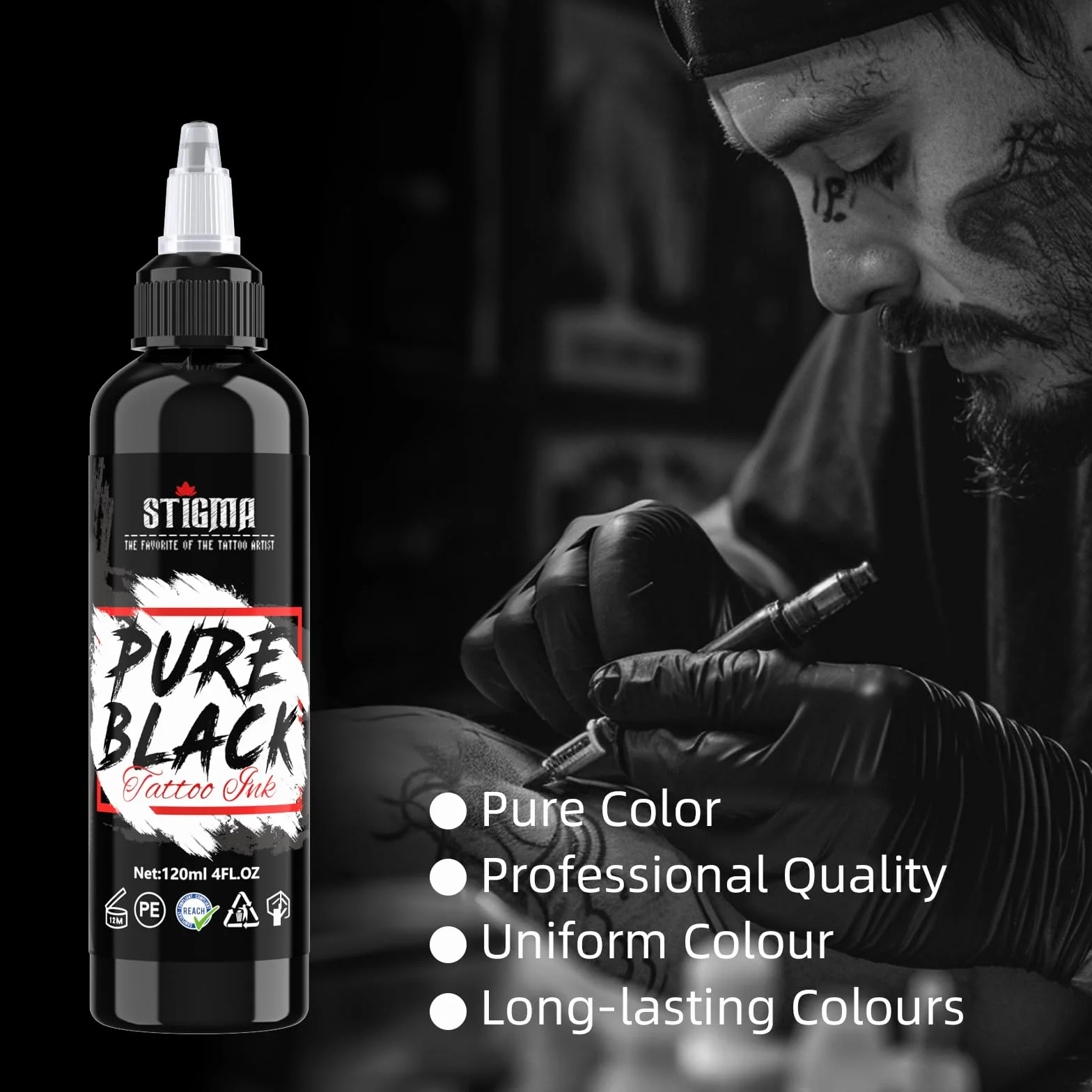 STIGMA Tusz do tatuażu, 120 ml, czysta czerń, czysty czarny, tusz do tatuażu, permanentny pigment, profesjonalna dostawa do karmy i cieniowania, TI972-4OZ-T