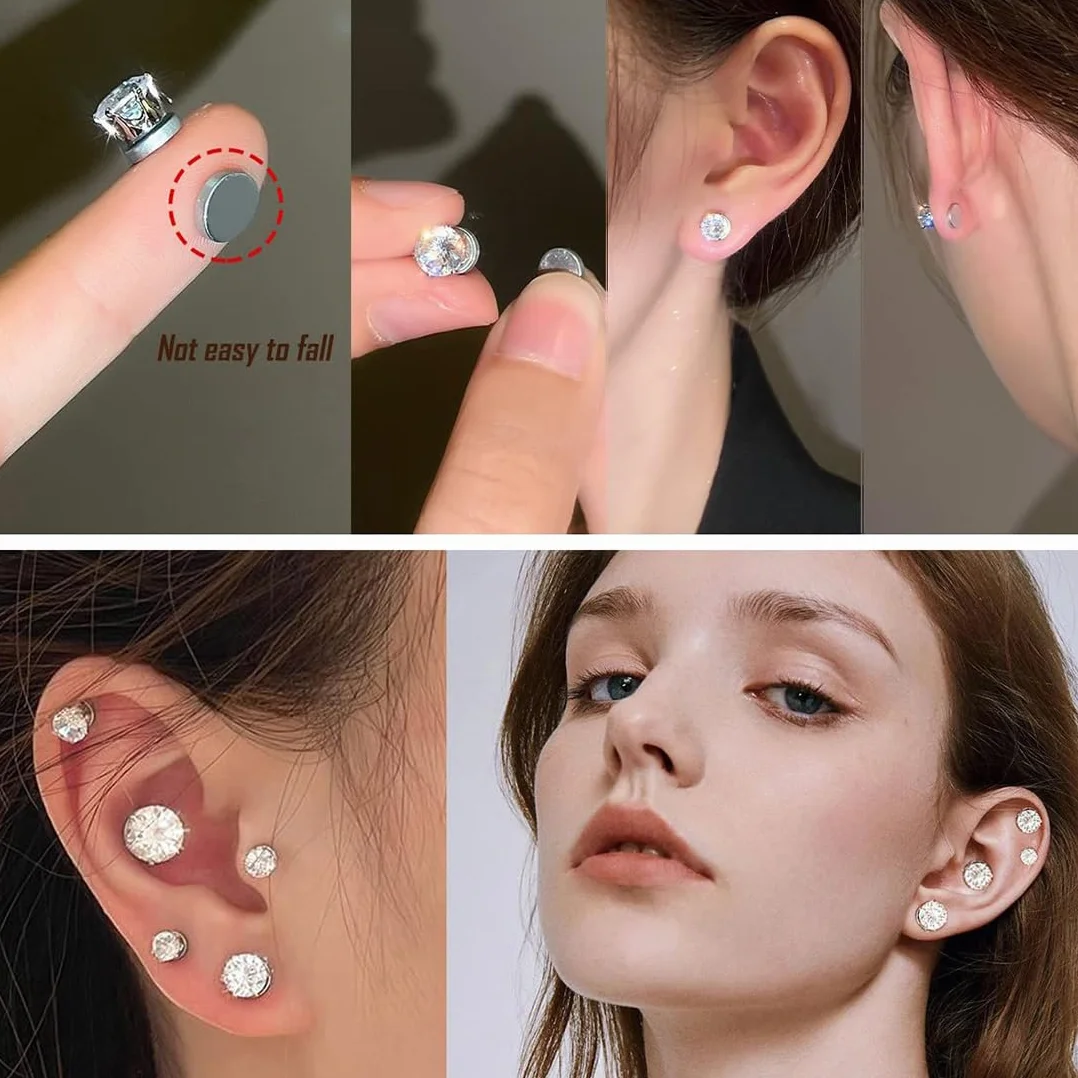 2 pary magnetycznych kolczyków ze stali nierdzewnej dla mężczyzn i kobiet unisex bez przekłuwania fałszywych magnesów zestaw kolczyków 8 mm, srebrny/czarny, M, Stal nierdzewna