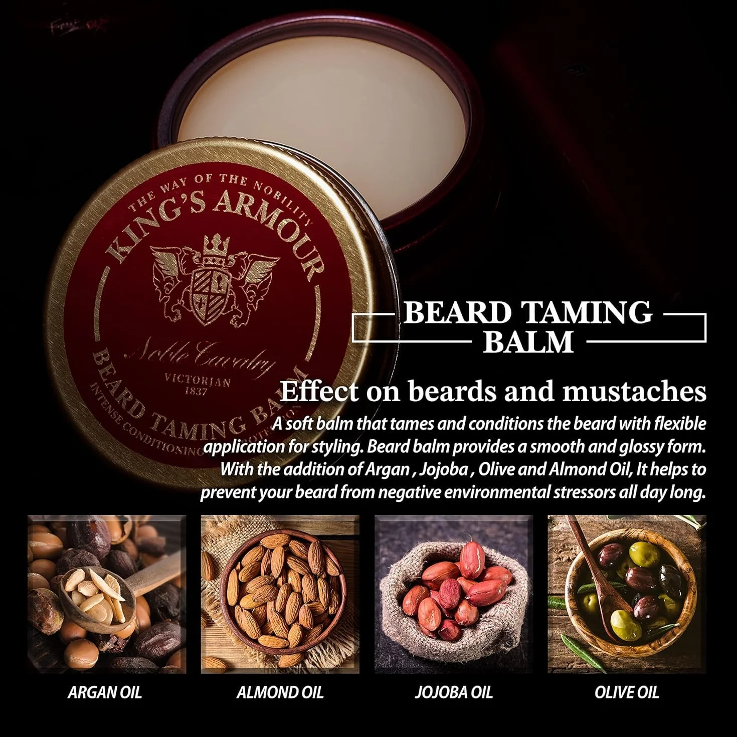 King's Armour Balsam do brody (50 ml) – stylizuje, wzmacnia, zmiękcza i pielęgnuje brodę i wąsy – naturalny balsam do brody dla mężczyzn z olejkiem arganowym, jojoba i słodkich migdałów