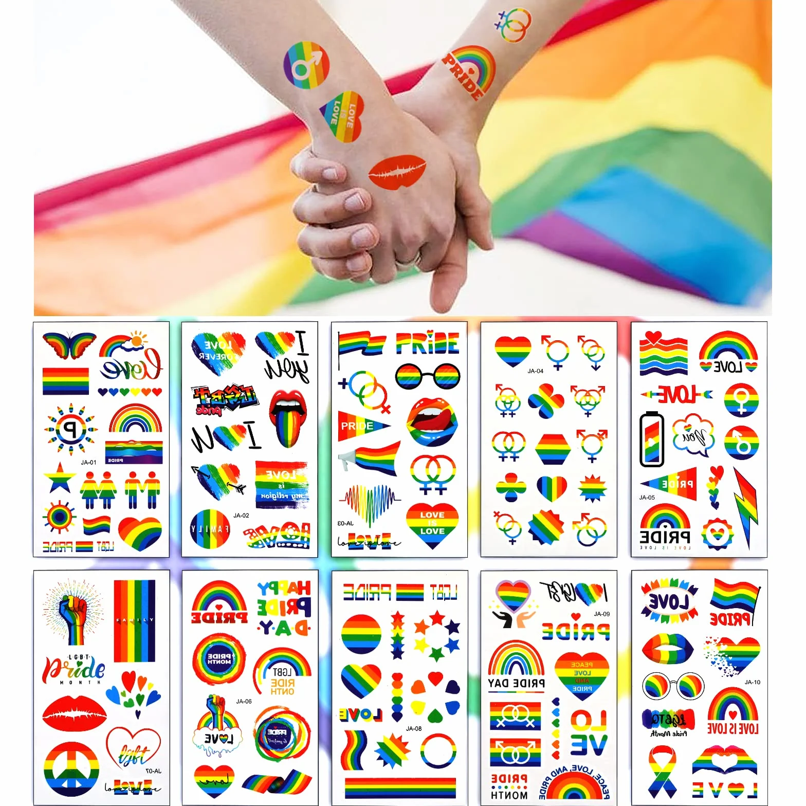 PHOGARY LGBT tatuaże tymczasowe (10 arkuszy, 112 sztuk) tęczowe naklejki Pride na uroczystości, imprezy gejowskie, festiwale i parady