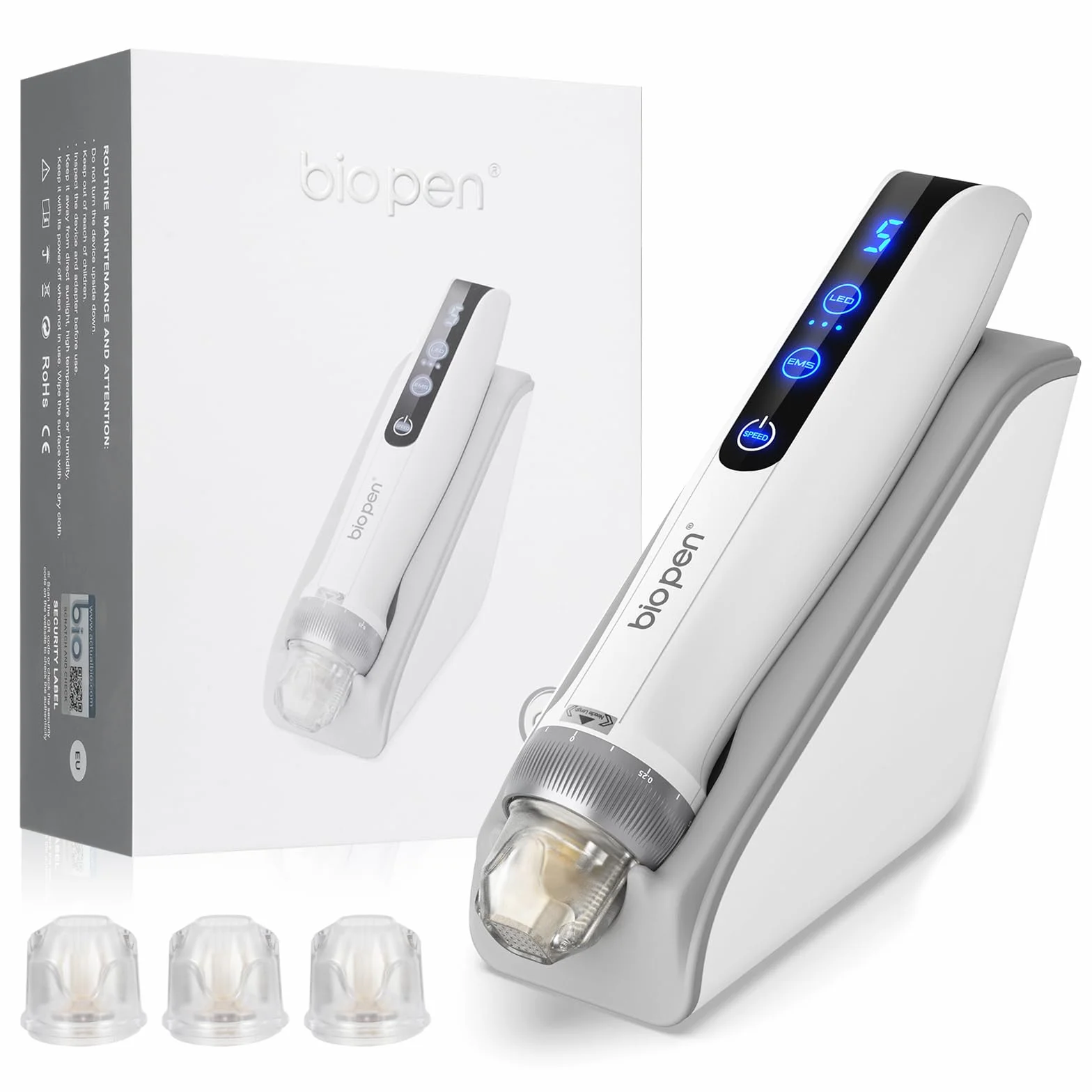 Microneedling Pen z EMS LED 3 w 1 Derma Pen Q2 z inteligentną podstawą czujnika, 3 wkłady do twarzy, ciała, porostu włosów