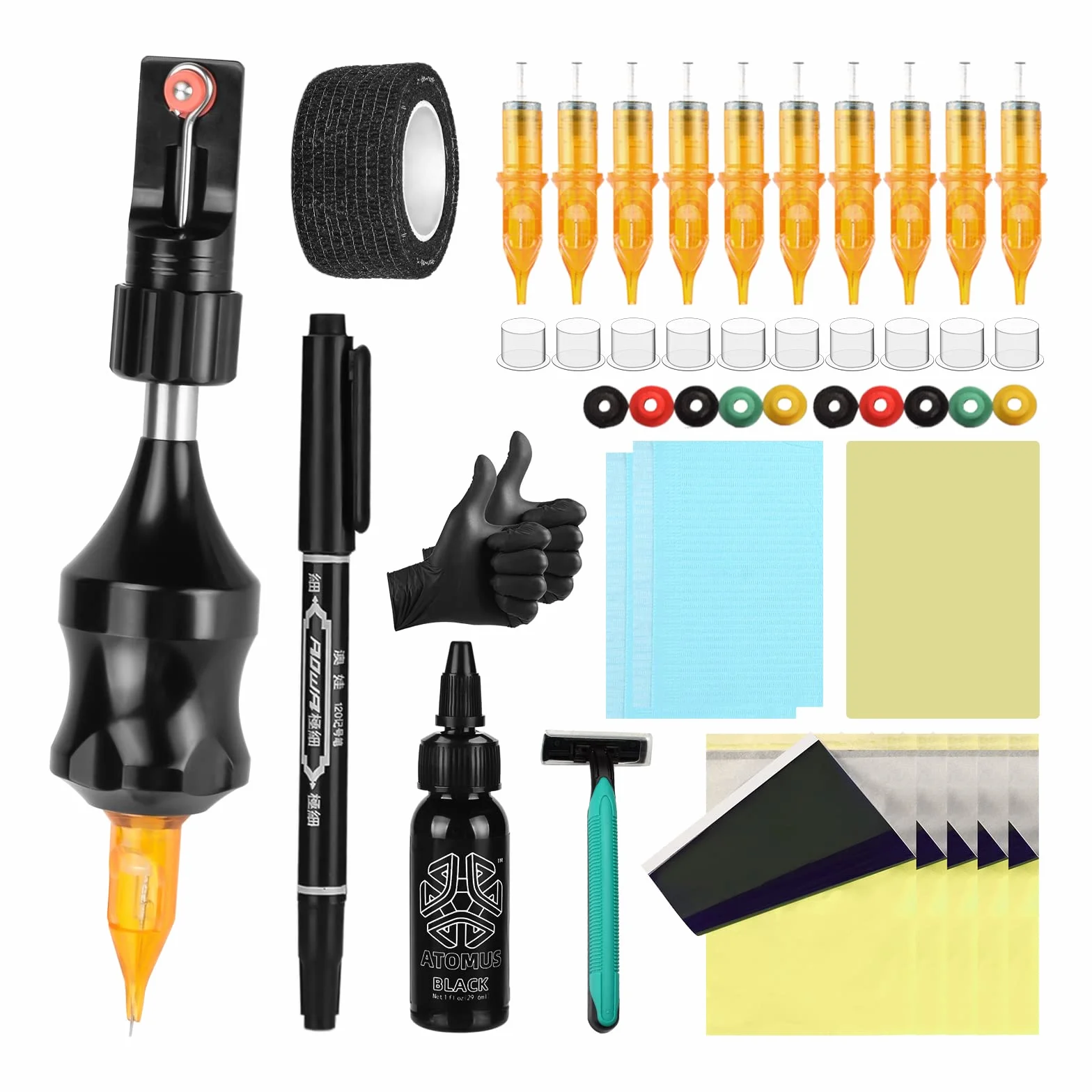 ATOMUS Alloy Tattoo Manual Pen Set Poke n Stick Tattoo Cartridge Poke Pen Stick DIY Kit with 10pcs 3RL Tattoo Cartridge Needles Transfer Papers Ink Cups Tattoo Practice Skin Tattoo Table Mats