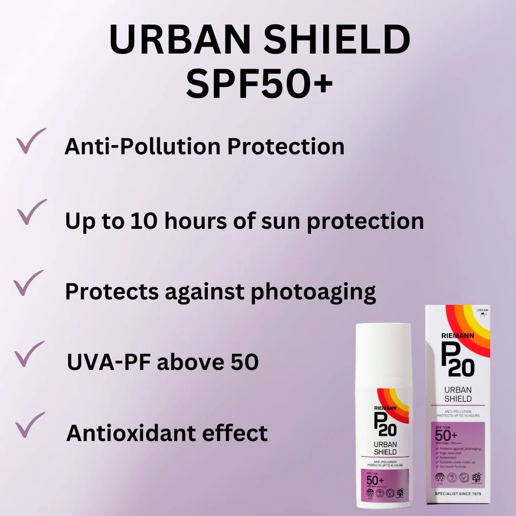 Urban Shield P20 Filtr przeciwsłoneczny SPF 50+, ochrona UVA/UVB, antyoksydant witamina C+E, wodoodporny