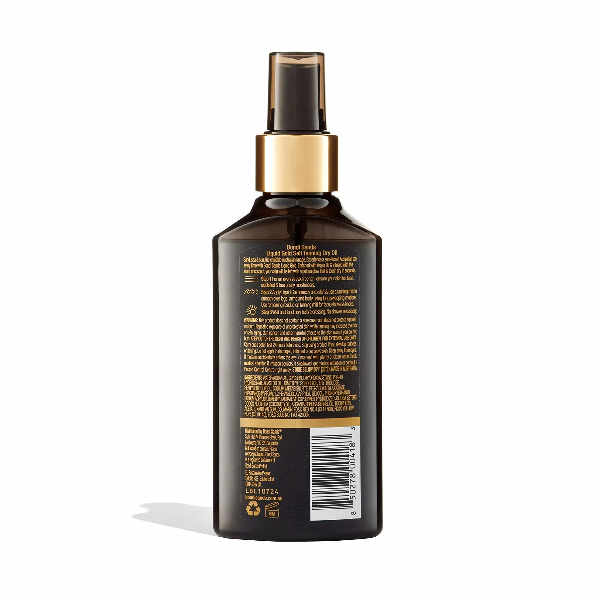 Bondi Sands Liquid Gold Dry Oil, Płynny złoty samoopalający suchy olejek | Ultra pielęgnująca formuła bez mycia nadaje skórze długotrwałą złotą opaleniznę, wzbogacony olejem arganowym 150 ml