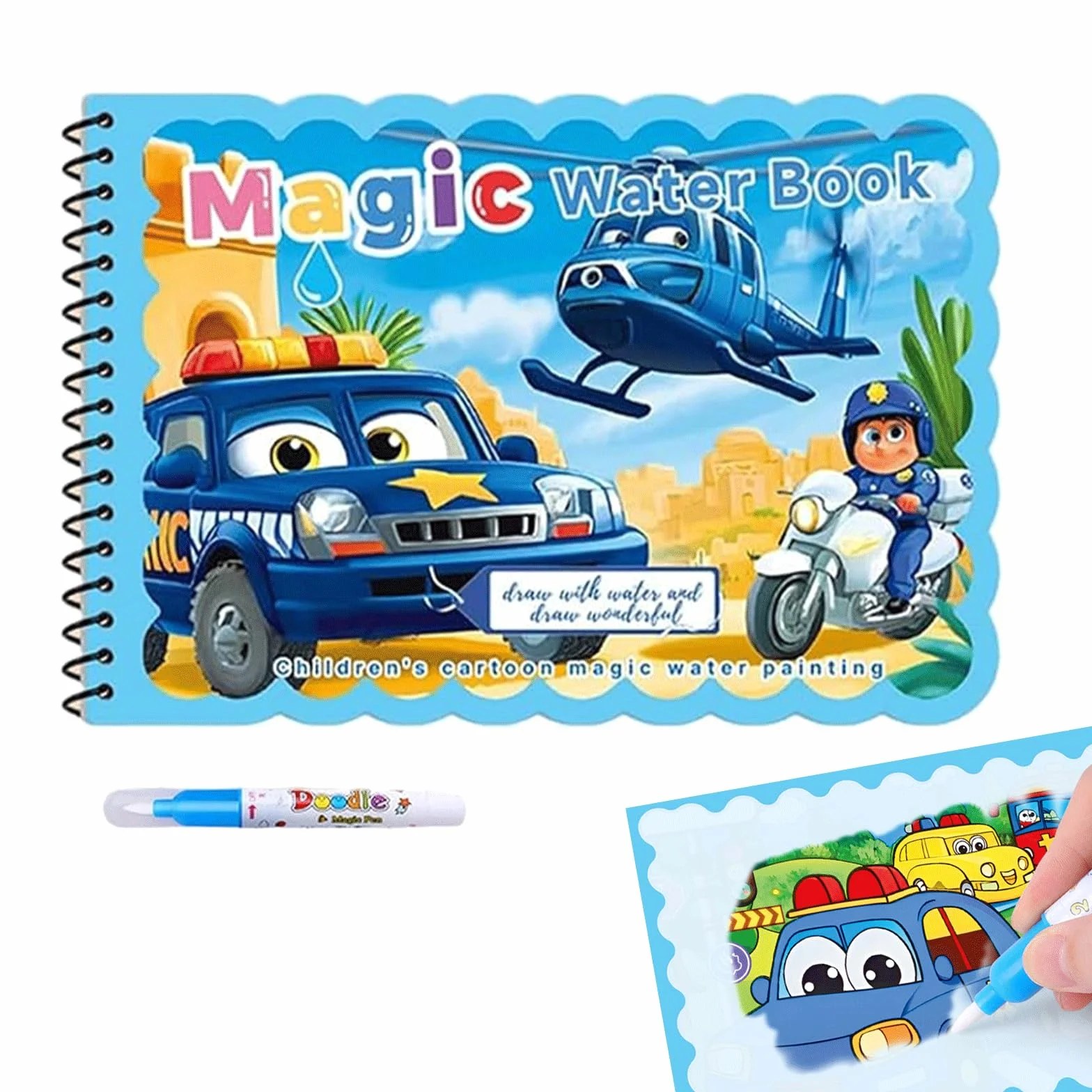 LEMONSTONE Kolorowanka wodna wielokrotnego użytku, Magic Water Colouring Book z kredką wodną, kolorowanka Water Wow, kreatywna kolorowanka wodna, dla dzieci, prezent (środek transportu)