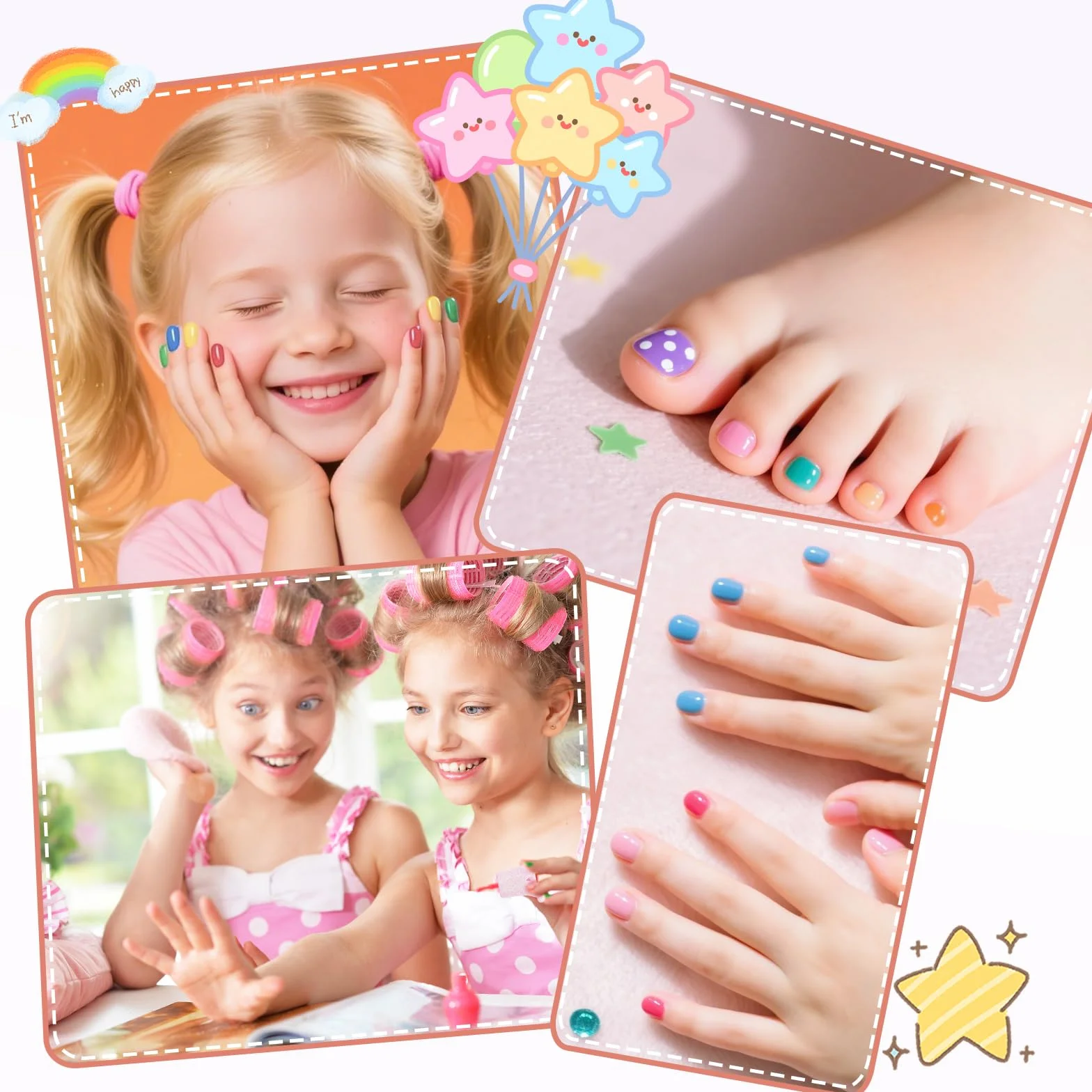 Lakiry do paznokci dla dzieci, 5 ml x 5 kolorów + arkusze naklejek, szybkoschnący, peel-off, na imprezę
