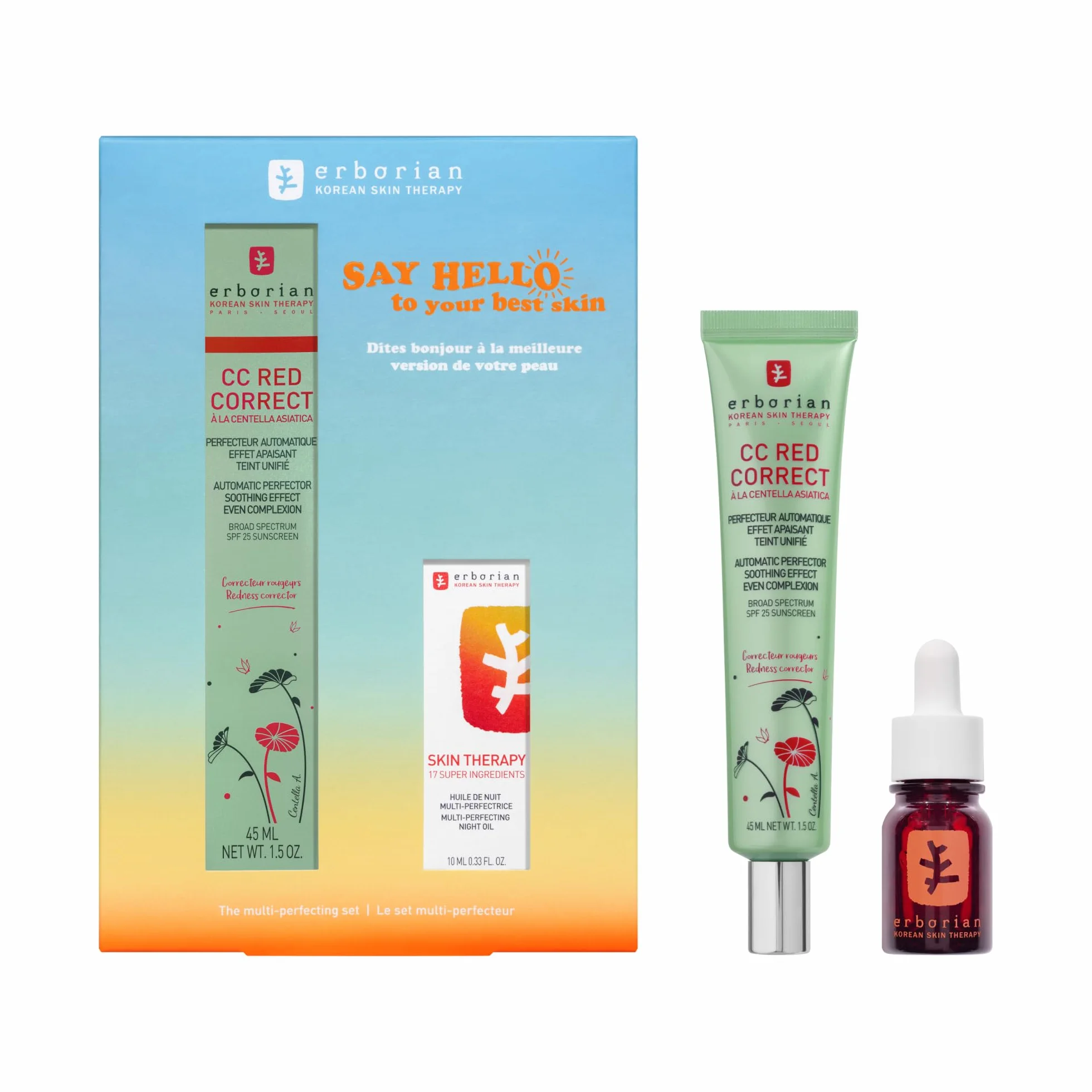 ERBORIAN Multi-Perfector Anti-Red Duo Set CC RED CORRECT 45ml Skin Therapy Olej-Serum Nocne 10ml Pielęgnacja Twarzy Dla jasnej skóry skłonnej do zaczerwienienia